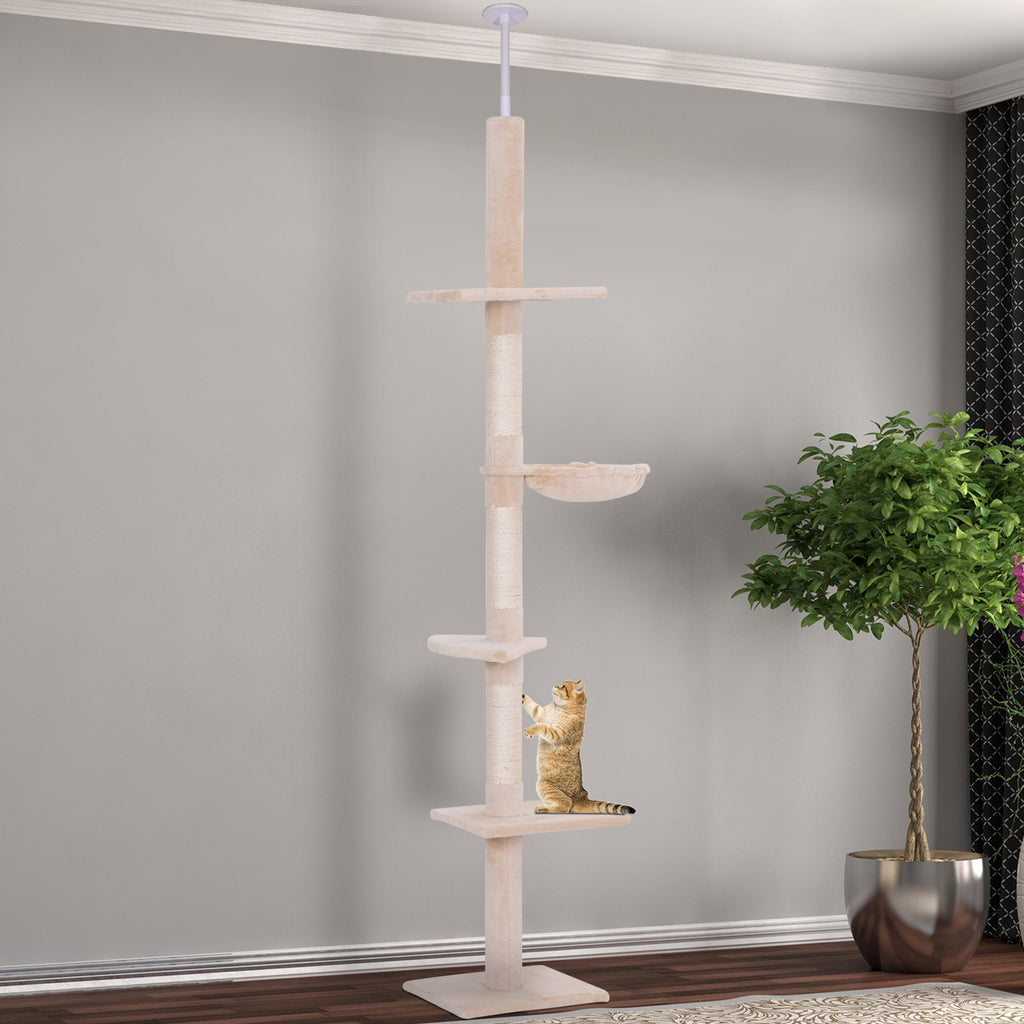 PawHut Floor to Ceiling Cat Tree 5-Tier Kitty Tower Activity Center Scratching Post 230-260cm - Inspirely