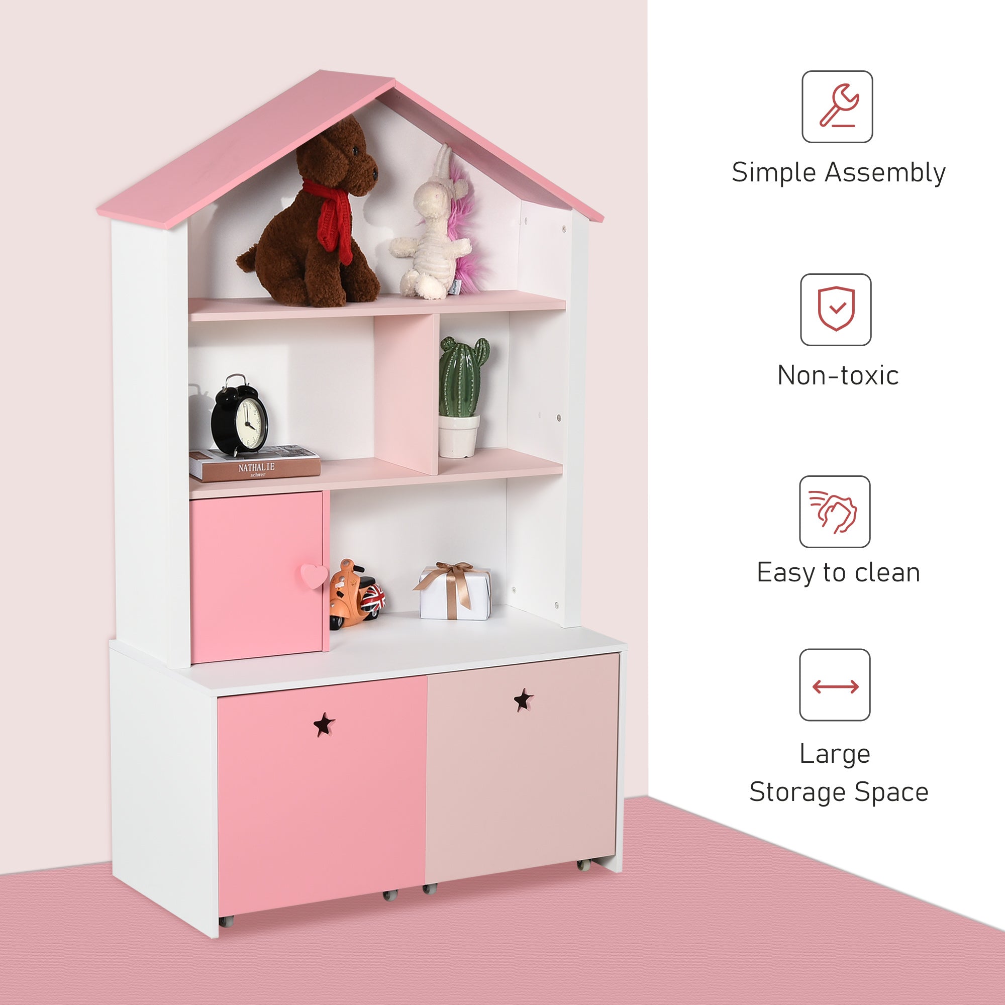 HOMCOM Kids Bookshelf Chest w/ Drawer with Wheels Baby Toy Wood Organizer Display Stand Storage Cabinet 80x34x130cm Pink - Inspirely