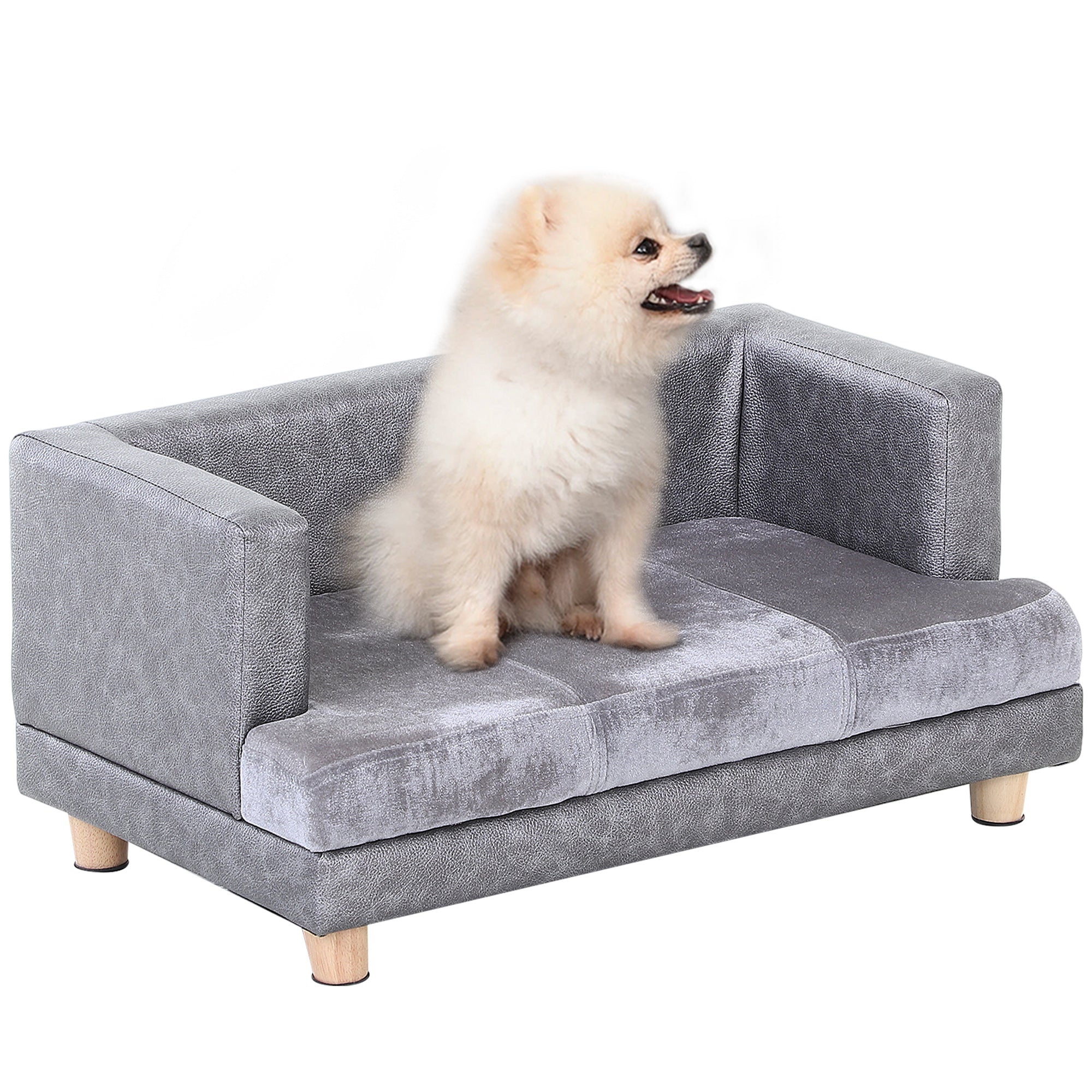PawHut Dog Sofa Bed for Small-Sized Dogs, Elevated Pet Chair with PU Cover, Soft Cushion, Cat Couch Lounger with Anti-slip Legs - Grey