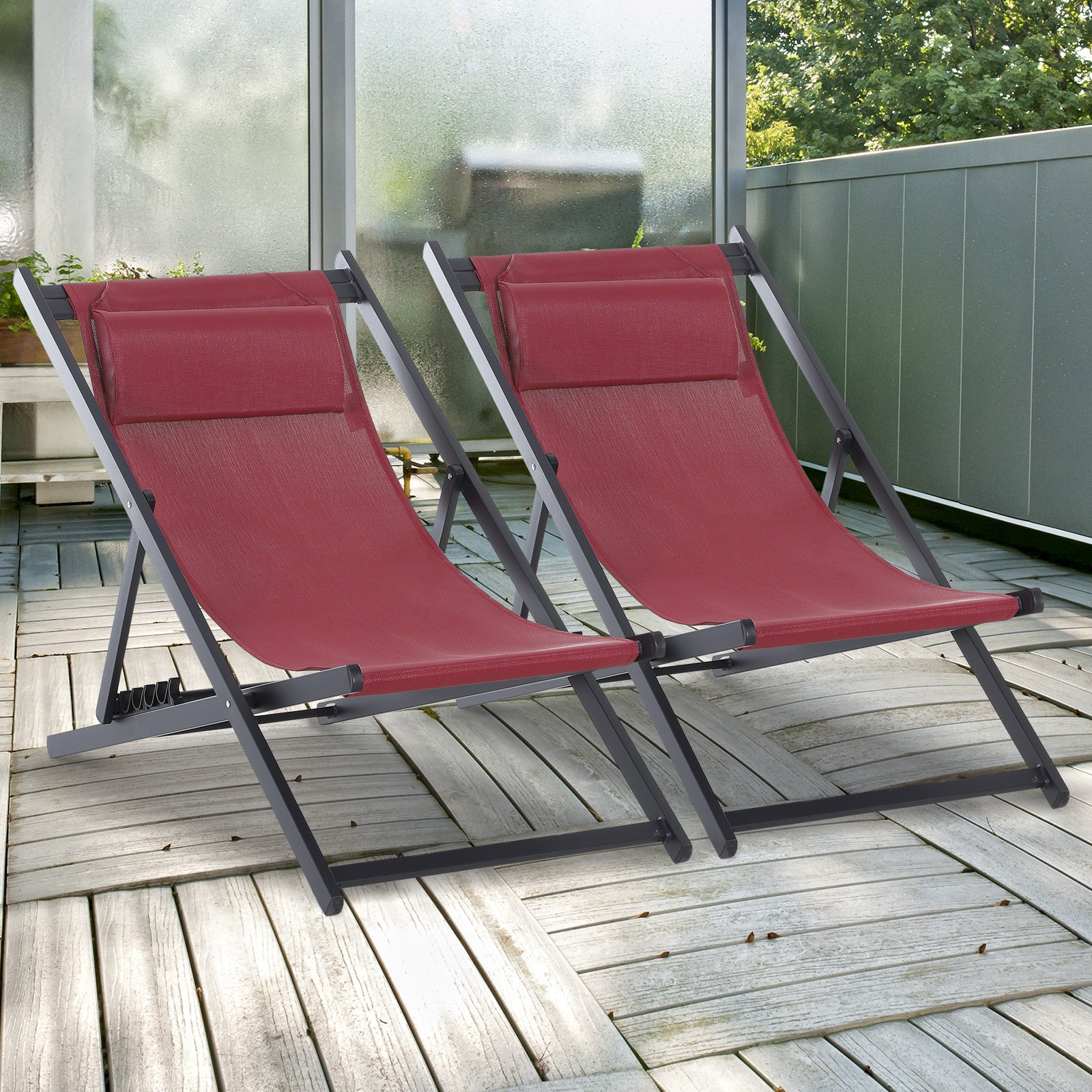 Outsunny Set of 2 Folding Garden Beach Deck Chairs Deckchairs Seaside Folding Garden Patio Lounger, Red - Inspirely