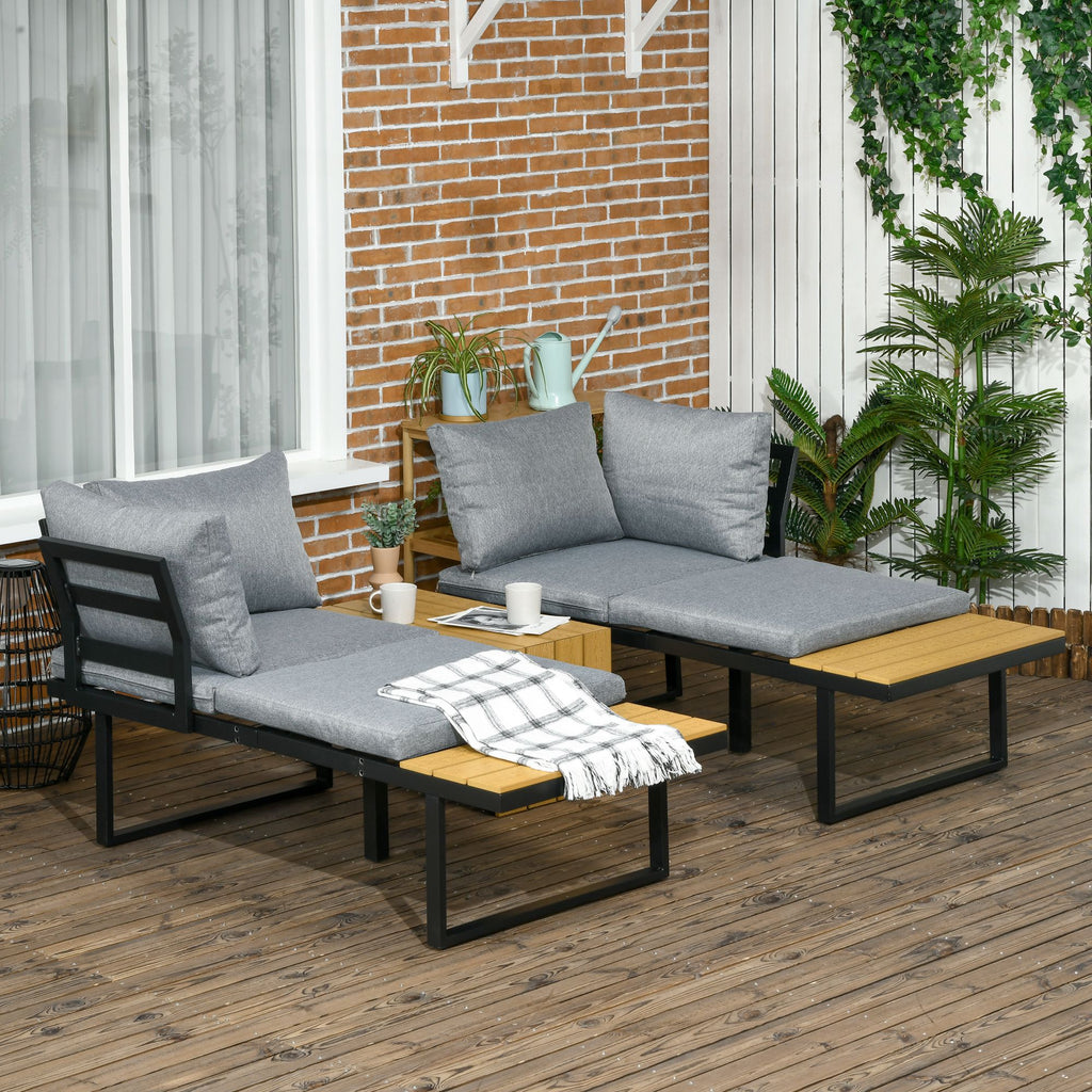 Outsunny 4-Seater Garden Sofa Set Patio Conversation Set w/ Padded Cushions, Wood Grain Plastic Top Table and Side Panel, Dark Grey