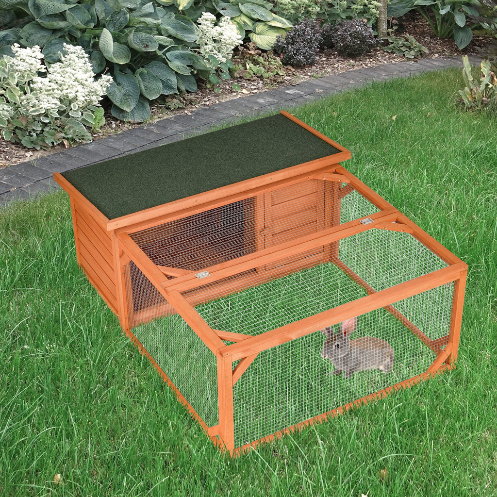 PawHut Rabbit Hutch Small Animal Guinea Pig House Off-ground Ferret Bunny Cage Backyard with Openable Main House & Run Roof 125.5 x 100 x 49cm Orange - Inspirely