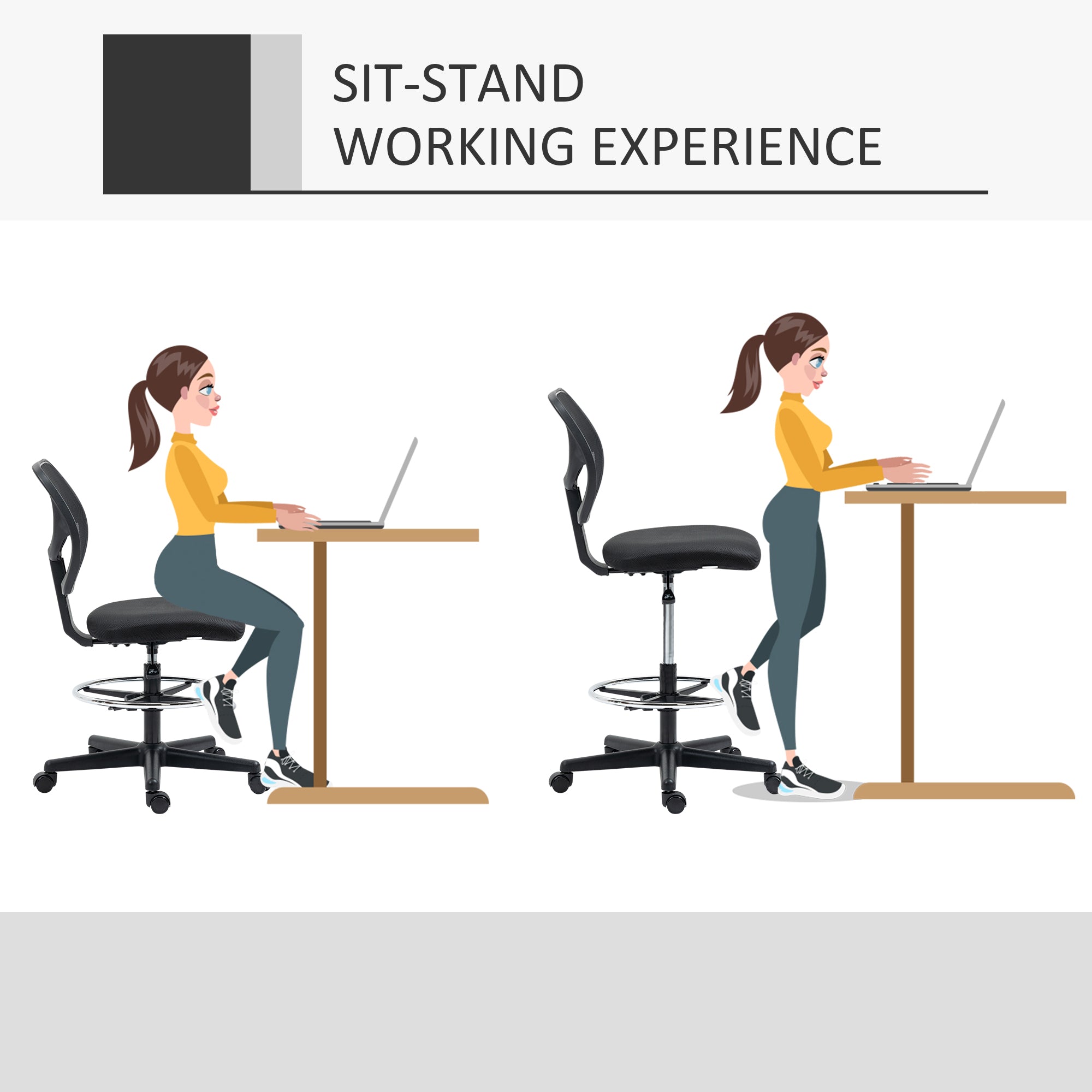 Vinsetto Ergonomic Mesh Standing Desk Chair with Adjustable Footrest Ring and Seat Height Black
