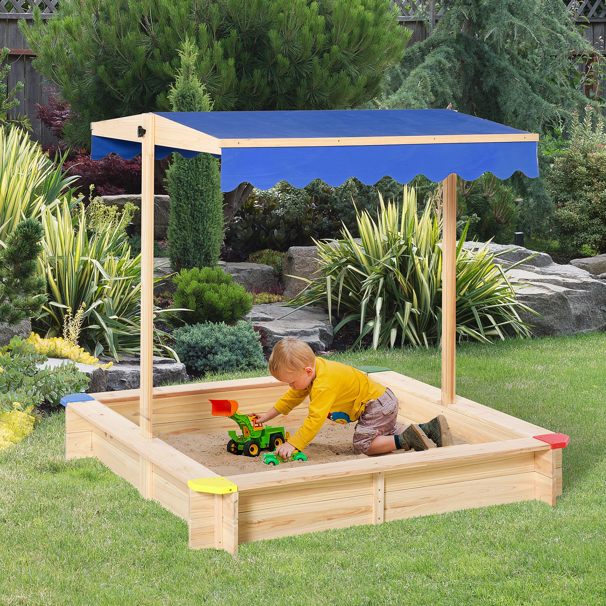 Outsunny Kids Wooden Sandpit Children Cabana Square Sandbox Outdoor Backyard Playset Play Station Adjustable Canopy Bench Seat 120x120x120cm