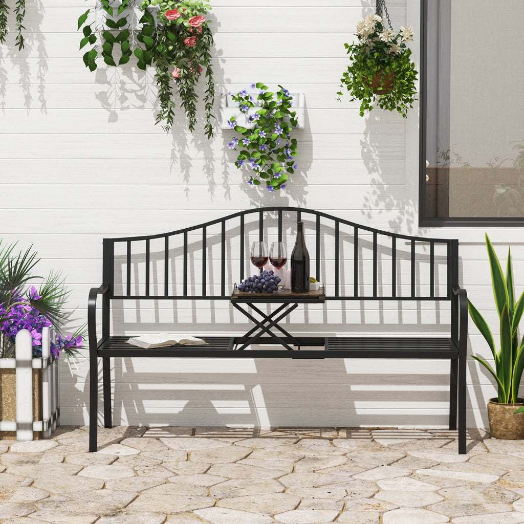 Outsunny Outdoor Metal Frame Bench Patio Park Garden Seating Chair with Foldable Middle Table - Inspirely