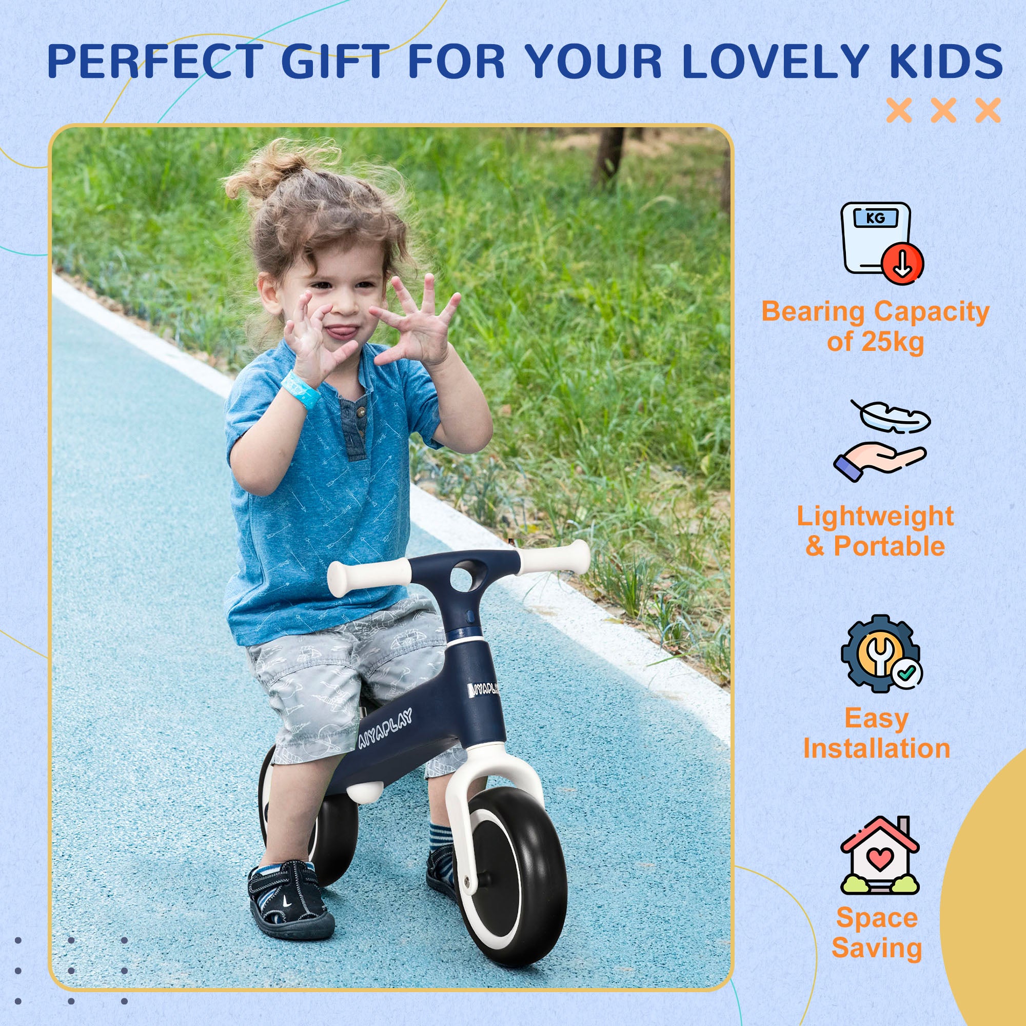 AIYAPLAY Balance Bike with Adjustable Seat for 1.5 - 3 Years Old - Blue