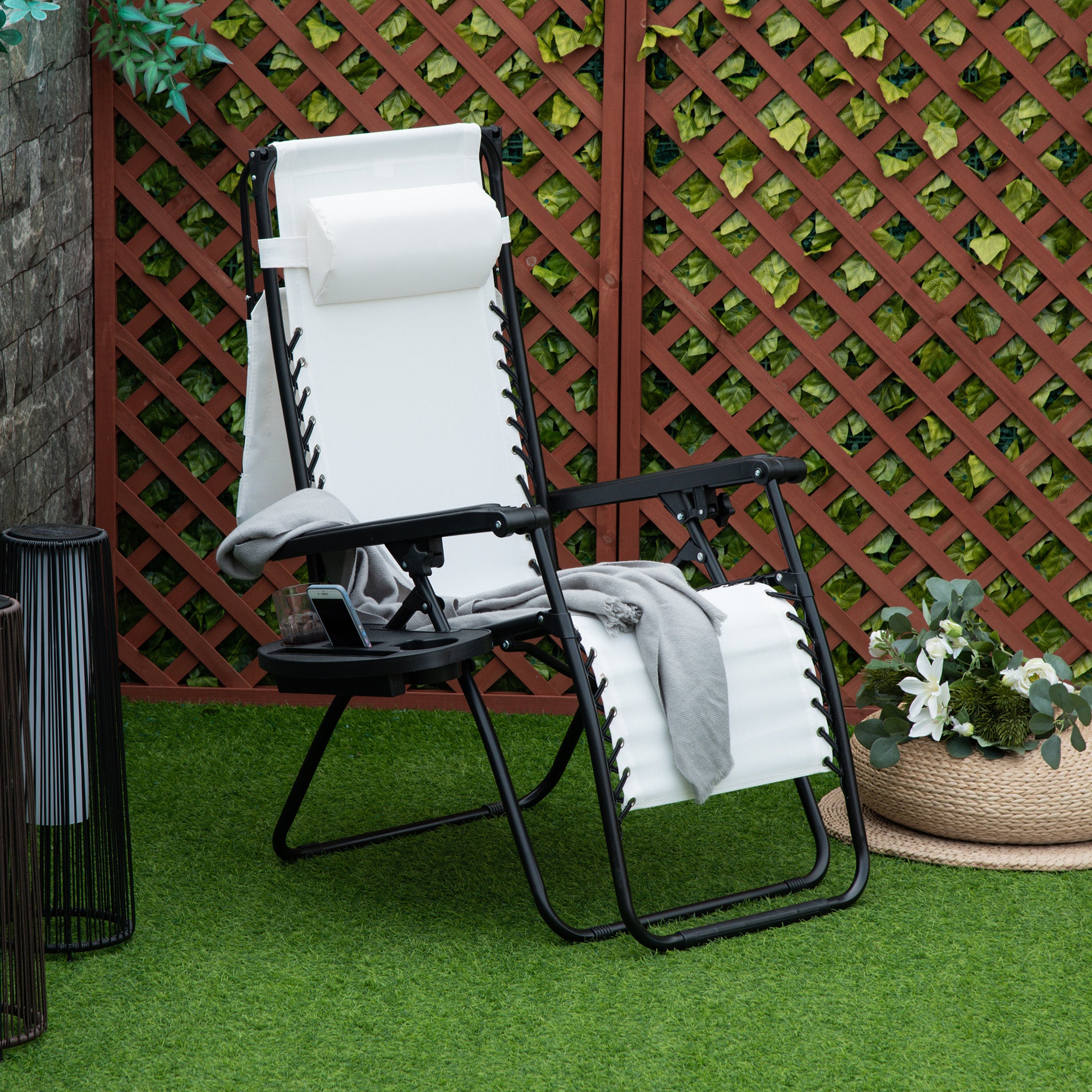 Outsunny Zero Gravity Garden Deck Folding Chair Patio Sun Lounger Reclining Seat with Cup Holder & Canopy Shade - White - Inspirely