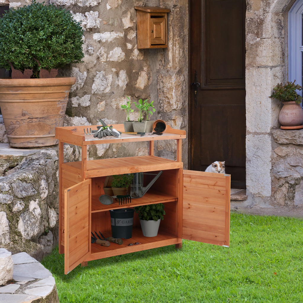 Outsunny Multi-function Potting Bench Table w/ Storage Cabinet and Galvanized Table Top, Wooden Planting Workstation, 98cm x 47cm x 105cm - Inspirely