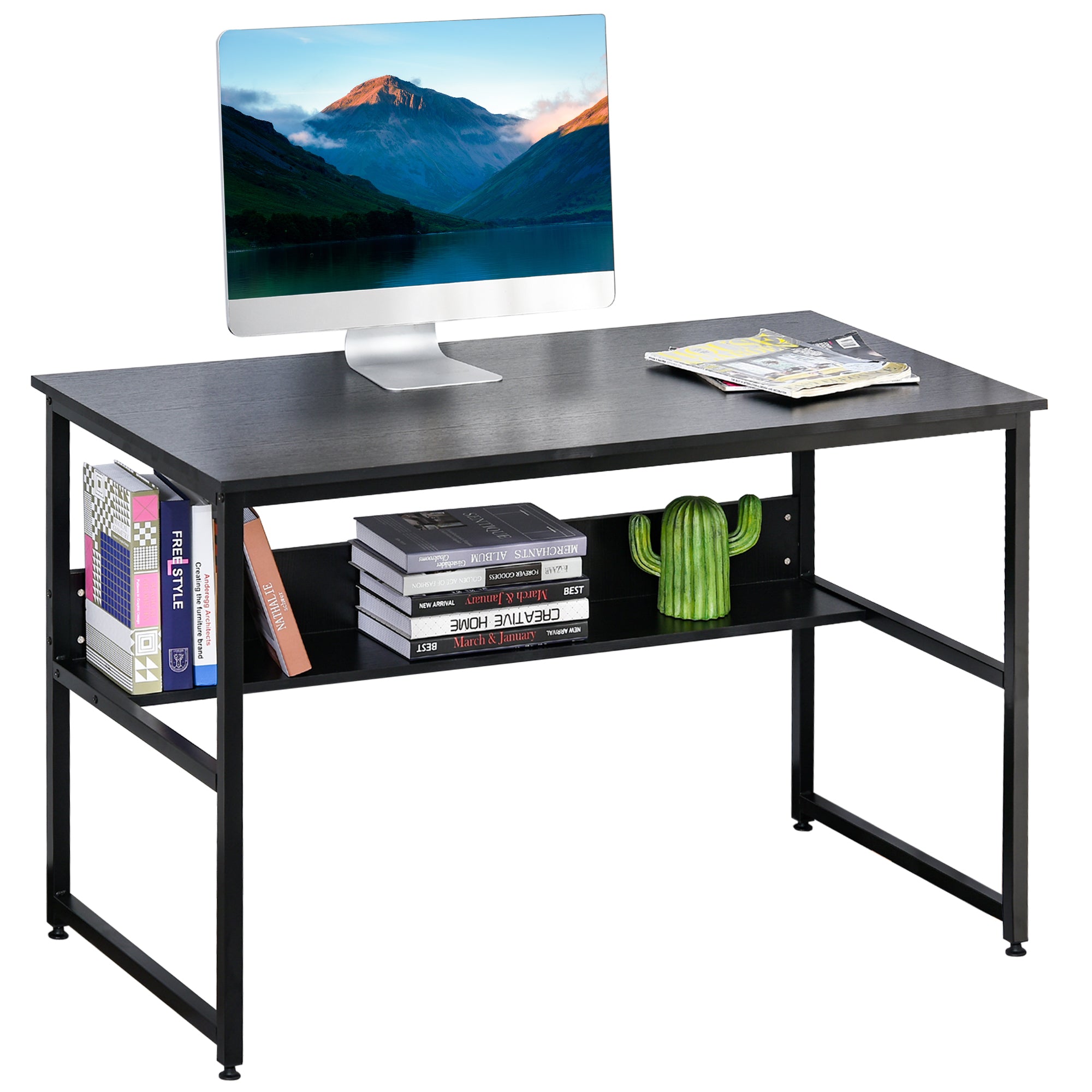 HOMCOM Computer Desk w/ Storage Shelf Adjustable Feet Metal Frame Home Office Laptop Study Writing Workstation Table Black - Inspirely