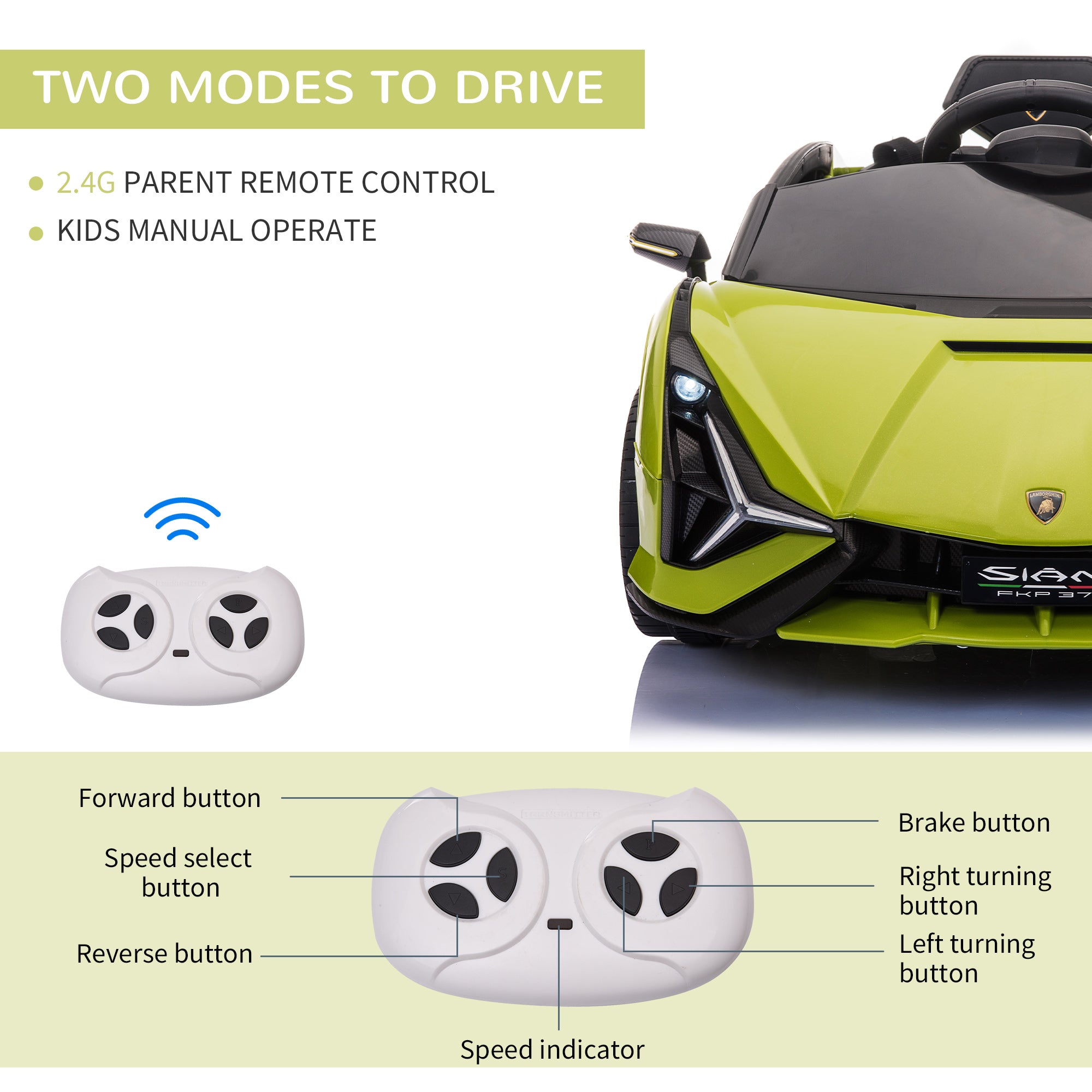 HOMCOM Compatible 12V Battery-powered Kids Electric Ride On Car Lamborghini SIAN Toy with Parental Remote Control Lights MP3 for 3-5 Years Old Green - Inspirely