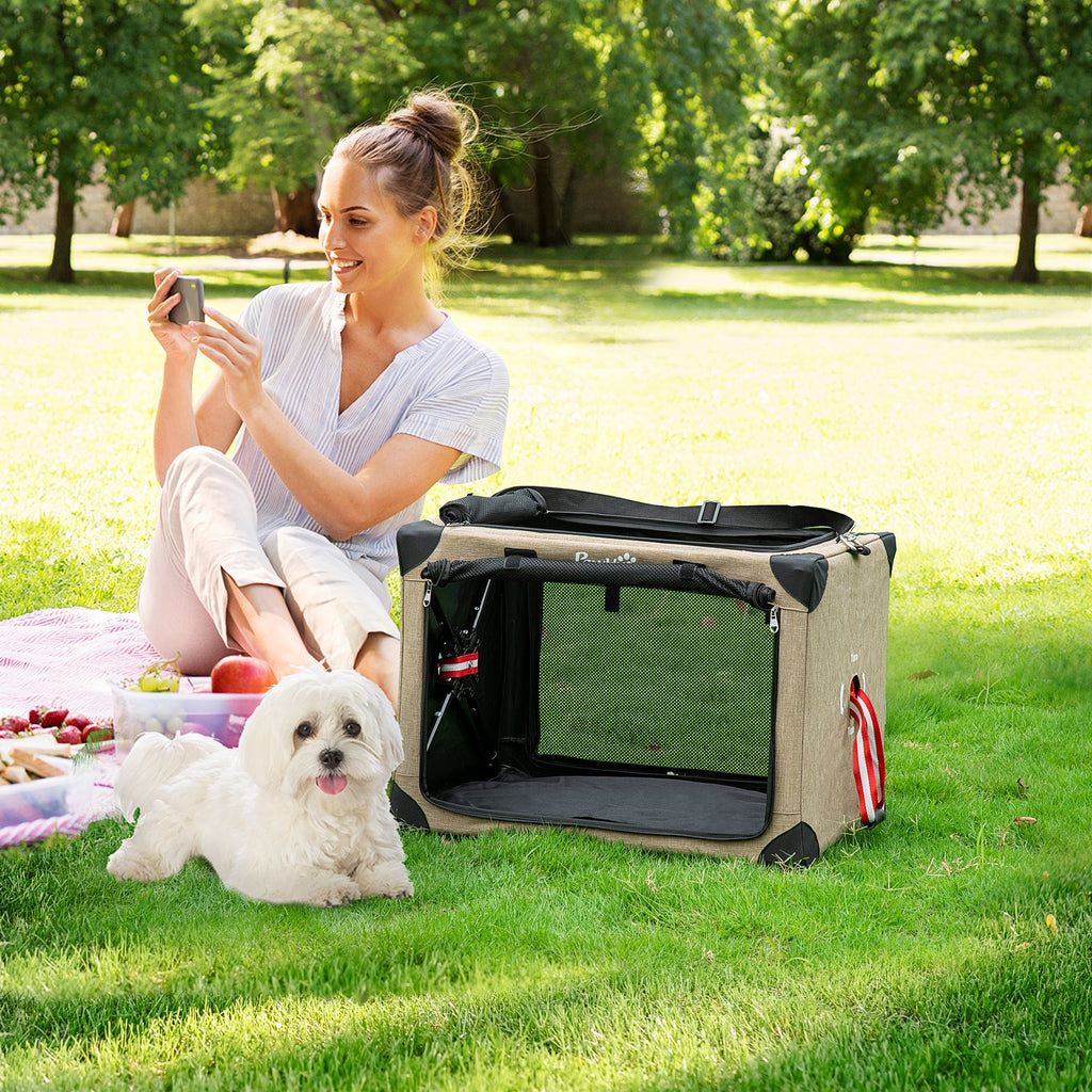 PawHut Pet Carrier Folding Cat Carrier Portable Dog Bag Pet Travel Carrier w/ Cushion, Adjustable Strap for S & XS Dogs, Khaki