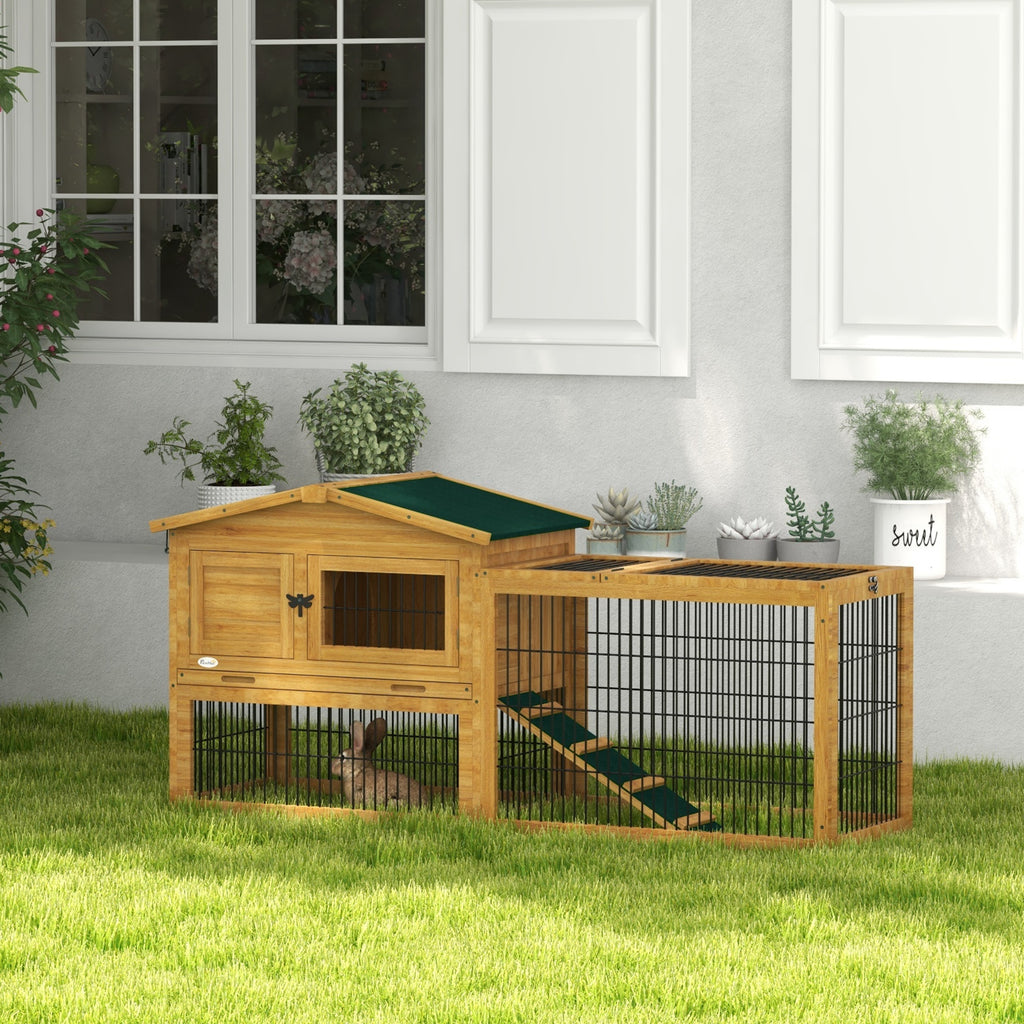Wooden Rabbit Hutch with Outdoor Run Yellow