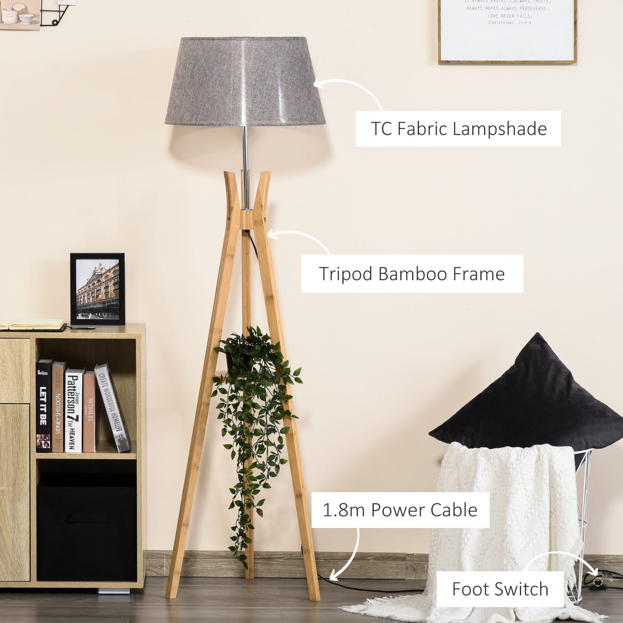 HOMCOM Natural Wood Tripod Floor Lamp Light E27 Base Bedroom Living Room Fabric Shade Storage Shelf Foot Switch, 156cm, Grey - Inspirely