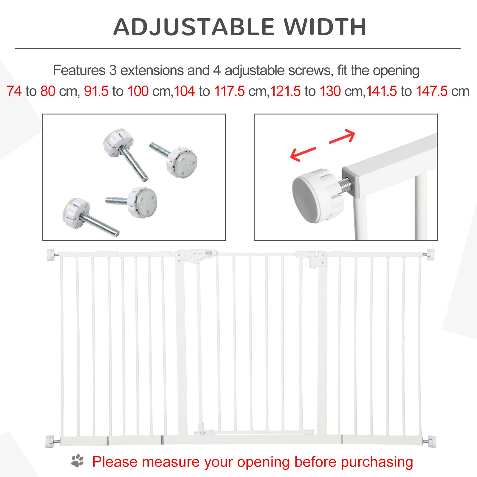 PawHut Adjustable Safety Gate Dog Barrier for Doorways, Corridors, Staircases with Three Extensions and Adjustable Screws - White