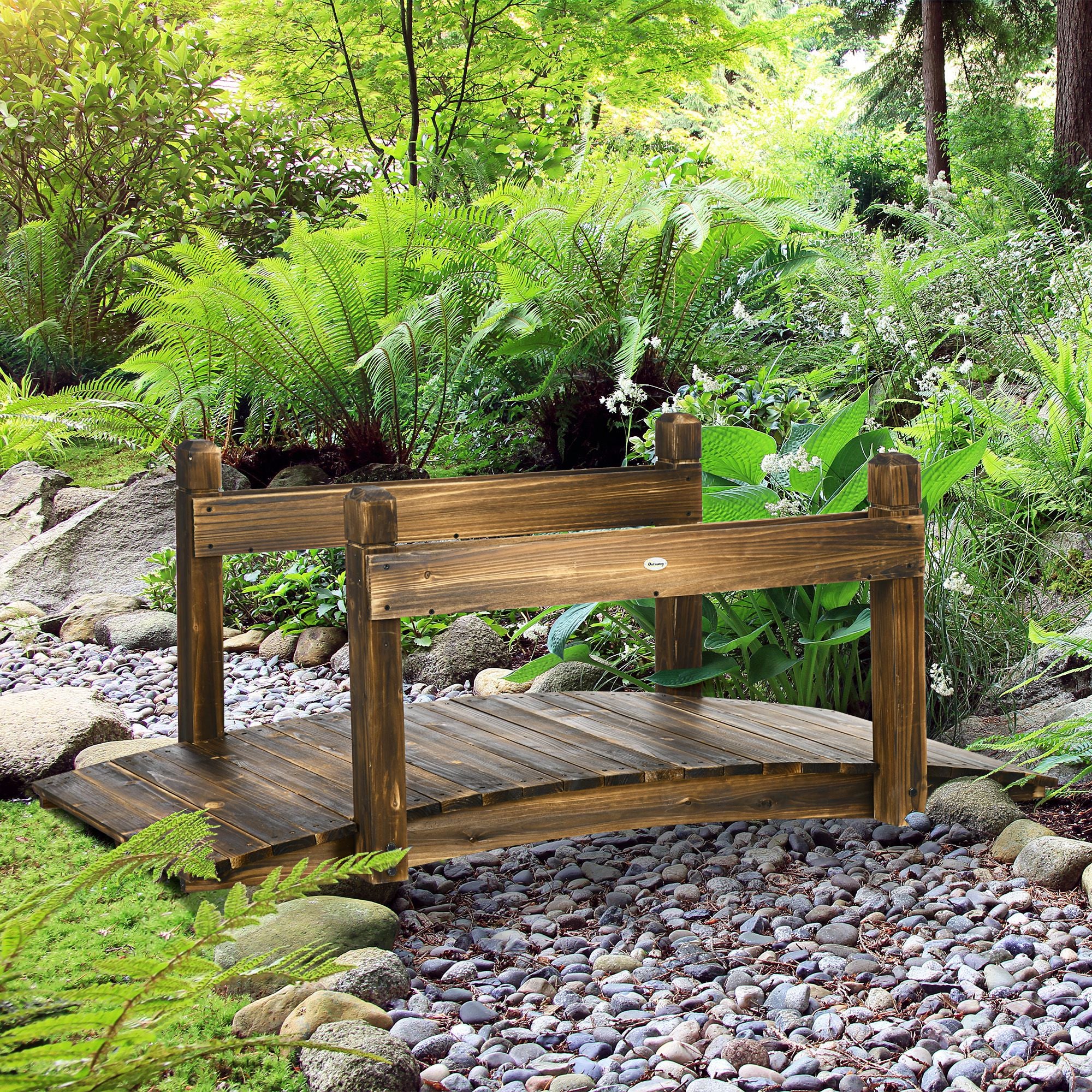 Outsunny 5FT Wooden Garden Bridge with Planters on Safety Railings, Stained Finish Arc Footbridge for Pond Backyard Stream