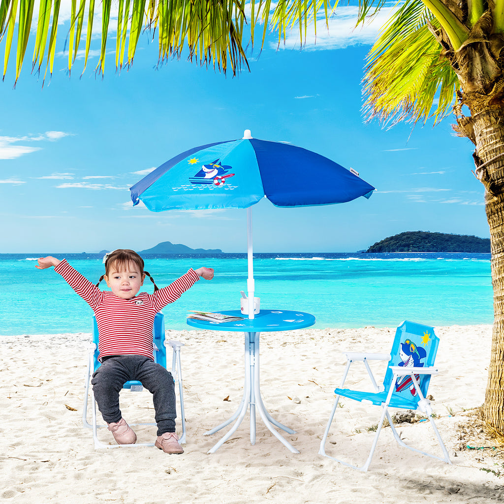 Outsunny Kids Picnic & Table Chair set, Outdoor Folding Garden Furniture w/ Shark Design, Removable, Adjustable Sun Umbrella, Ages 3-6 Years - Blue - Inspirely