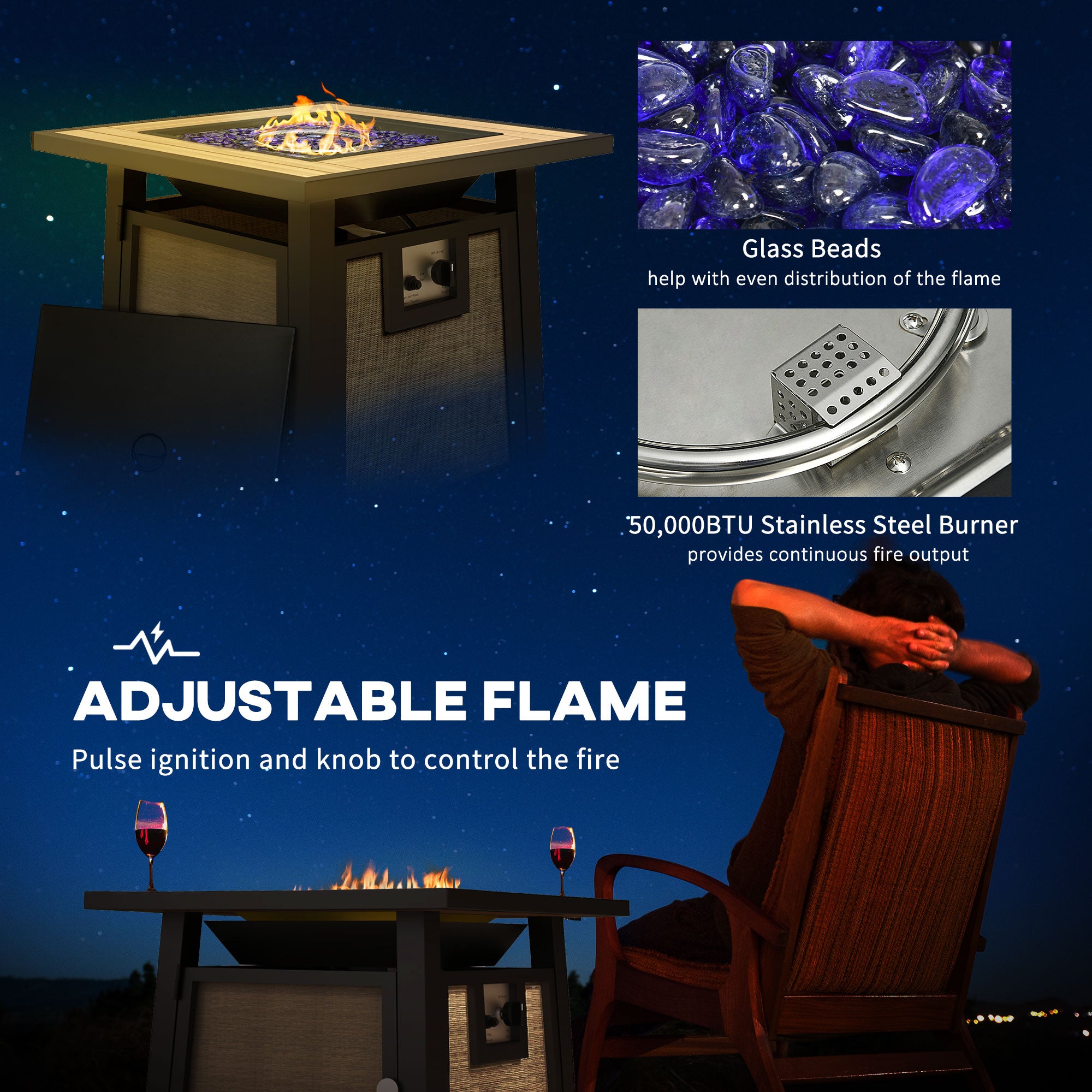 Outsunny 50,000 BTU Gas Fire Pit Table with Cover and Glass Beads, Brown