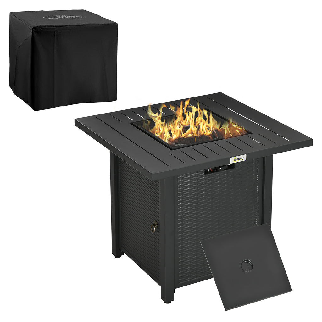 Outsunny Rattan-style Propane Gas Fire Pit Table with 50 000 BTU Burner Square Smokeless Firepit Patio Heater with Thermocouple Waterproof Cover