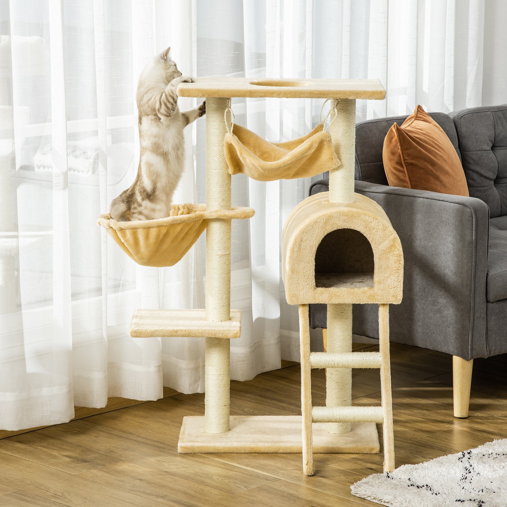 Cat Tree Tower Kitten Activity Centre Scratching Post with Hammock Condo Bed Basket - Inspirely