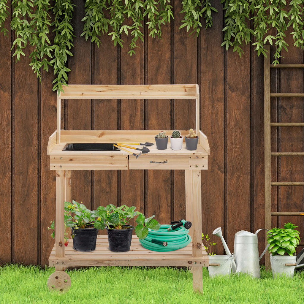 Outsunny Garden Potting Bench Table, Wooden Work Station, Outdoor Planting Workbench with 2 Wheels, Sink, Drawer & Large Storage Spaces, 92x45x119cm - Inspirely
