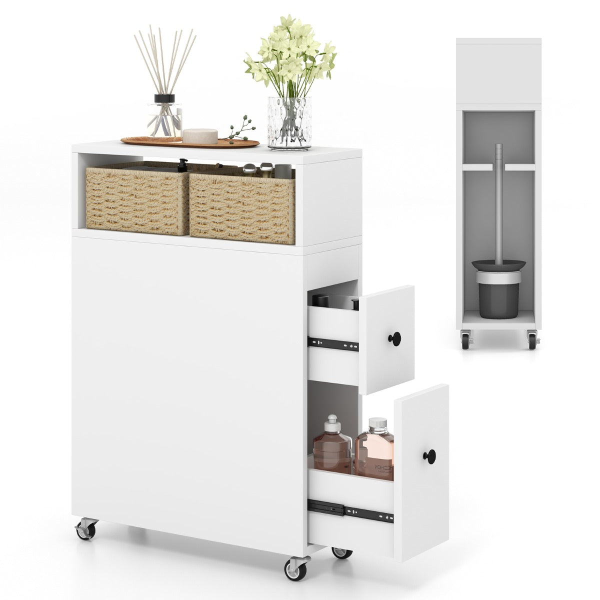 Movable Bathroom Storage Cabinet with 2 Slide Out Drawers-White