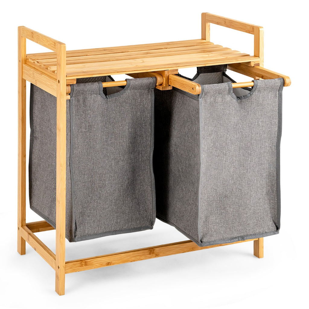 Bamboo Laundry Hamper with Dual Compartments and Removable Sliding Bags-Natural