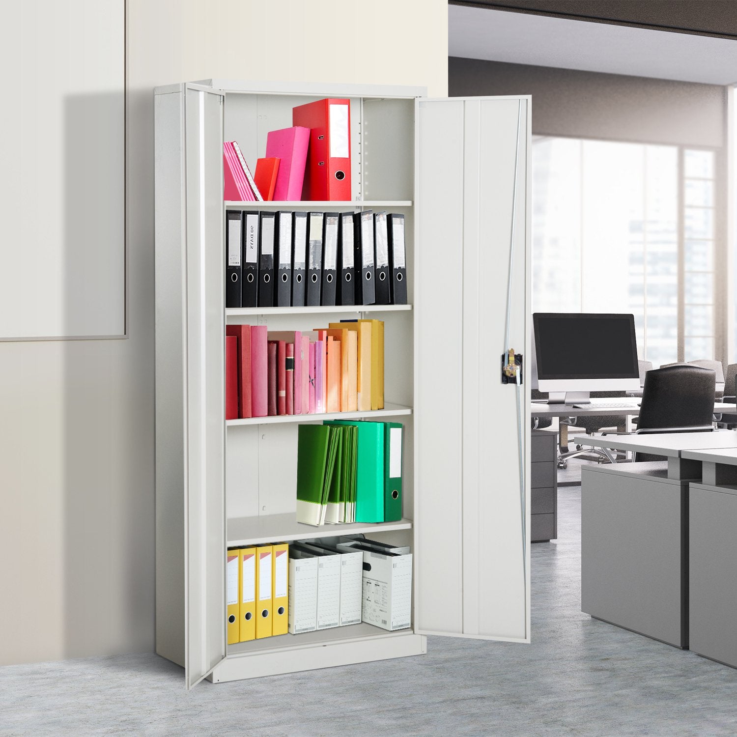 Filing Cabinet with2 Doors and 5 Compartments, Cold Rolled Steel-Cream White - Inspirely