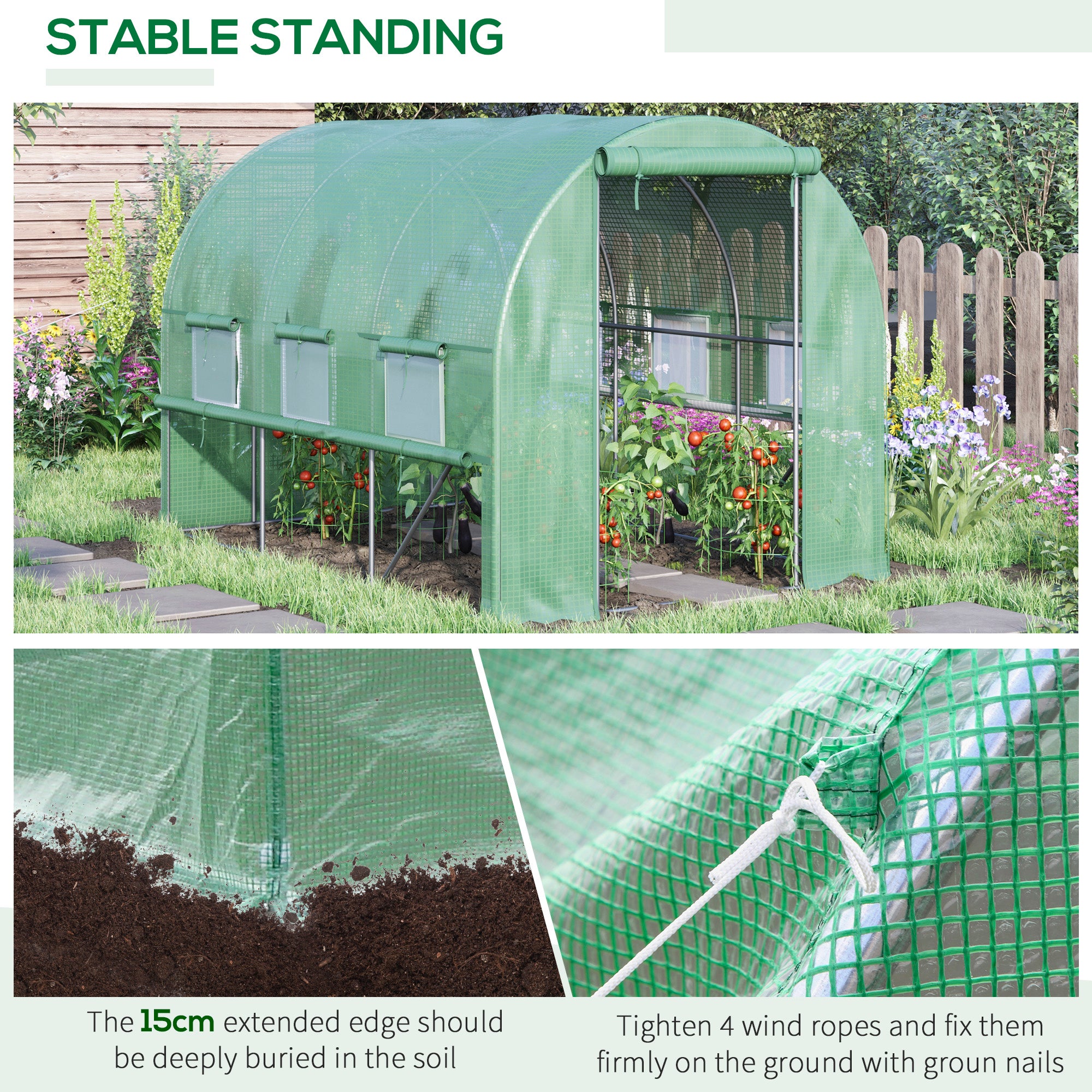 Outsunny Walk In Greenhouse, Garden Polytunnel with PE Cover, Zipped Roll Up Door and 6 Mesh Windows, 3x2x2m, Green