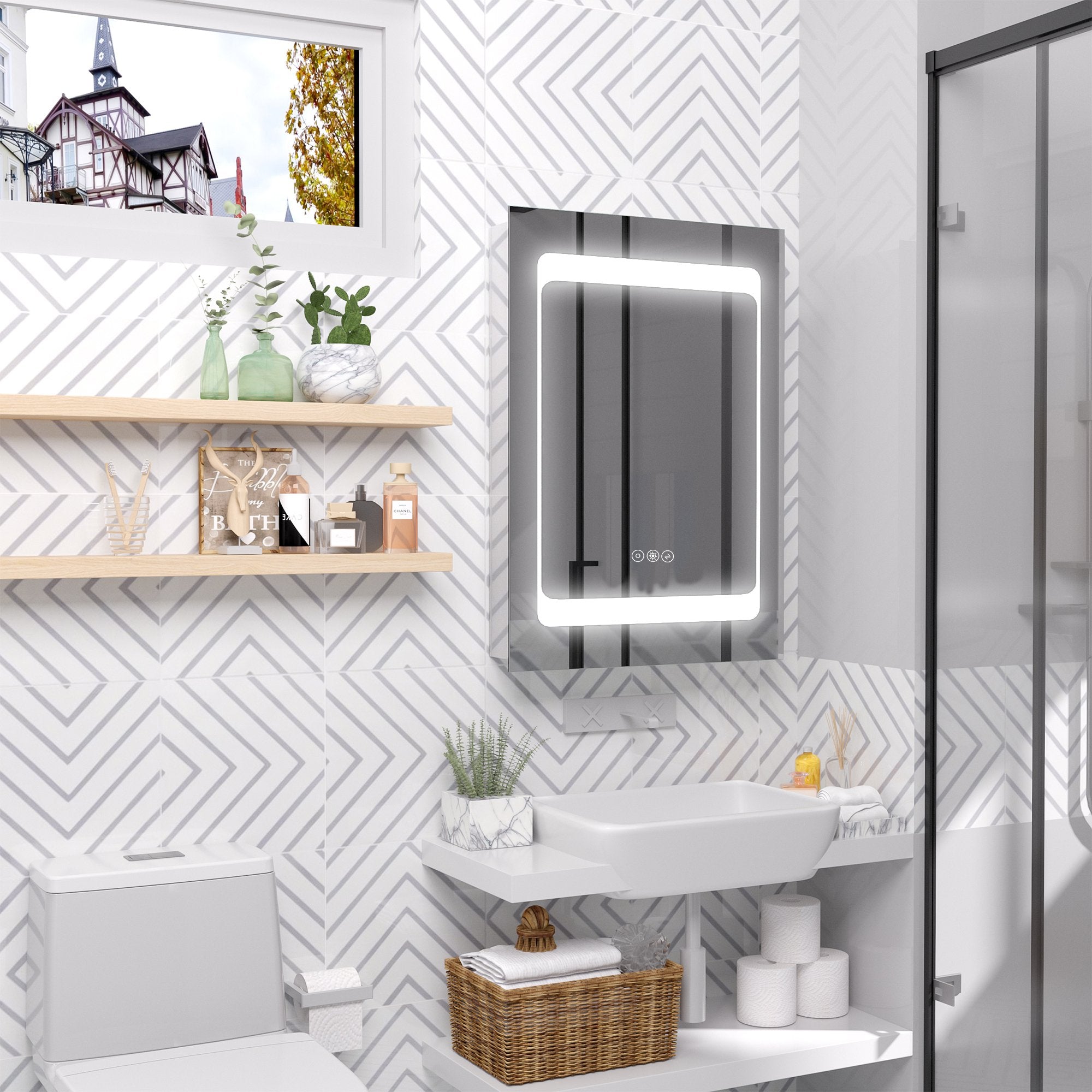 Bathroom LED Lighted Mirror Cabinet Wall-mount with Storage Shelves Touch Switch - Inspirely