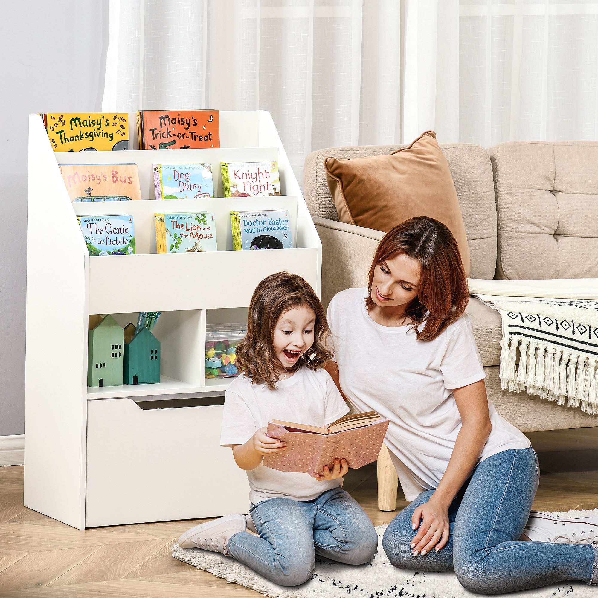 HOMCOM Kids Bookshelf, Toy Organiser, with Storage Drawer, Wheels, White