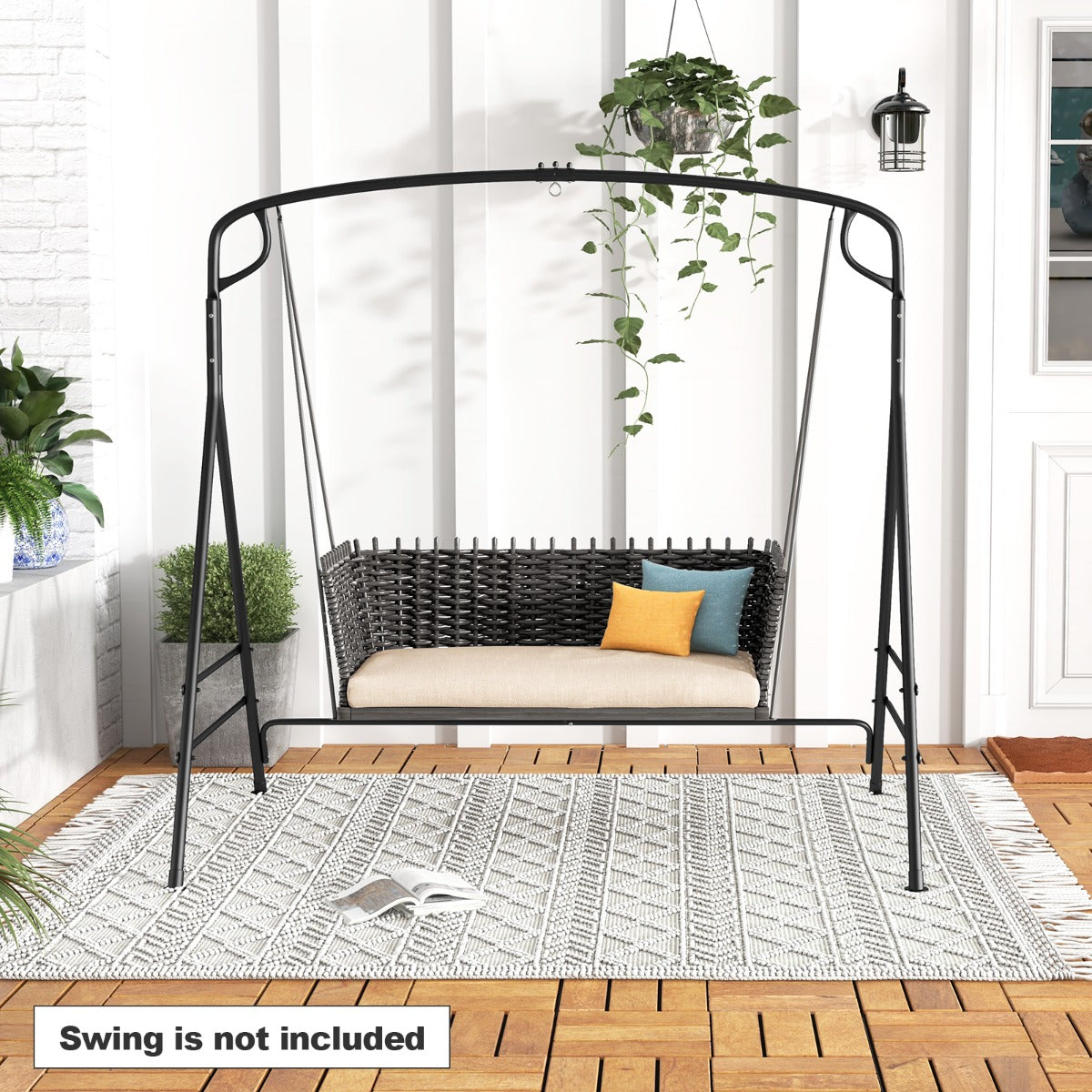 Outdoor Metal Swing Frame Sturdy A-Shaped Porch Swing Stand with Extra Side Bars-Black
