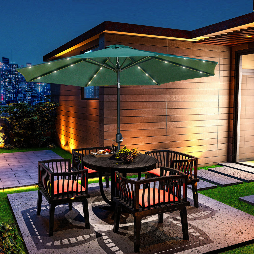 Outsunny 2.7m Patio LED Umbrella with Push Button Tilt/Crank 8 Ribs Sun Shade for Outdoor Table Market Umbrella Green - Inspirely