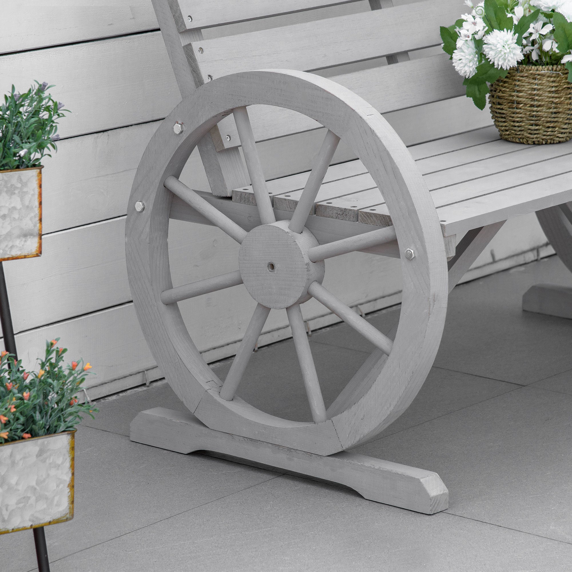 Outsunny 2 Seater Garden Bench Outdoor Garden Armrest Chair with Wooden Cart Wagon Wheel Rustic High Back Grey - Inspirely