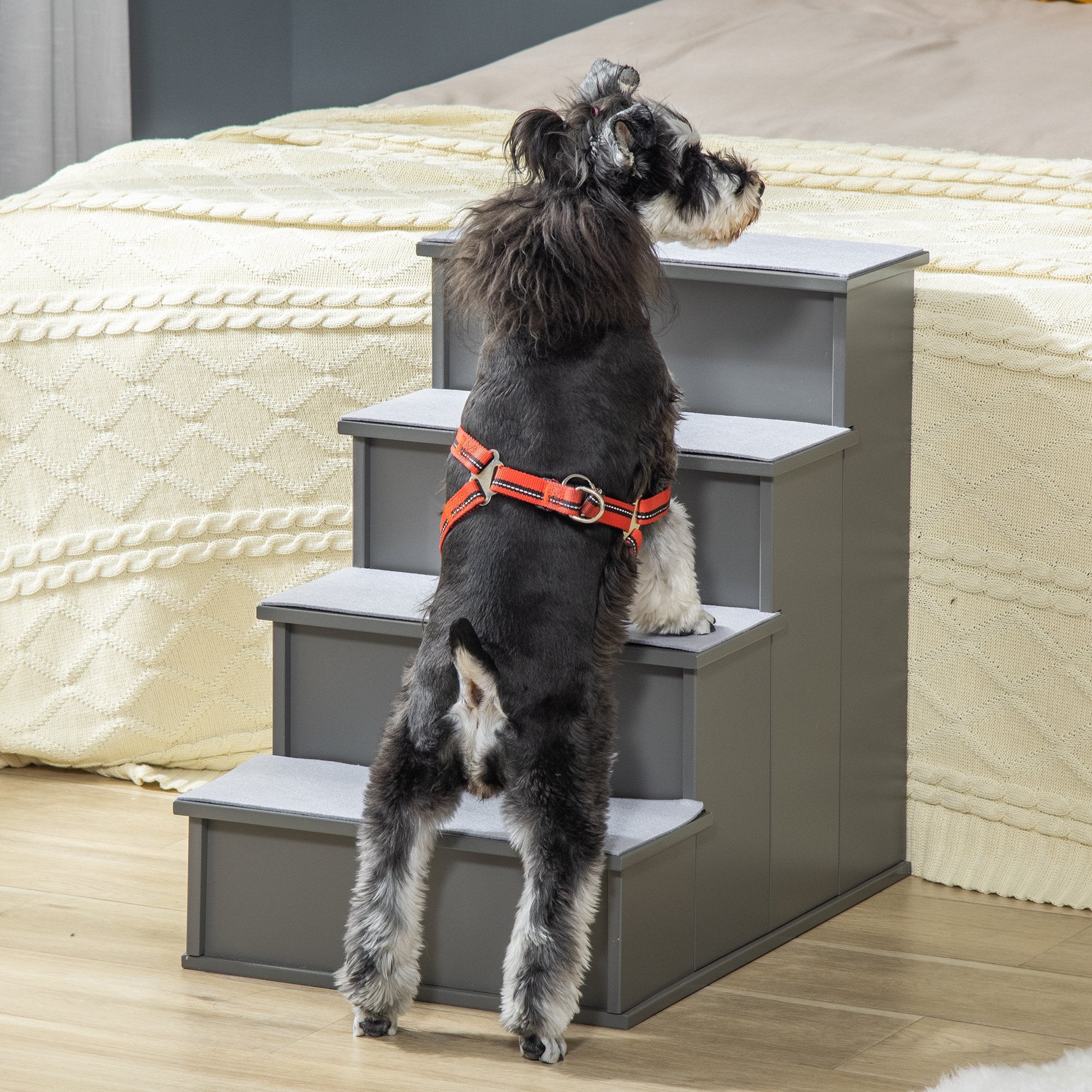 PawHut 4 Step Wooden Cushioned Pet Stairs Ramp Steps for Dogs, Cat Ladder for Bed Couch with Non-Slip Carpet, 40 x 59 x 54.2 cm, Grey - Inspirely