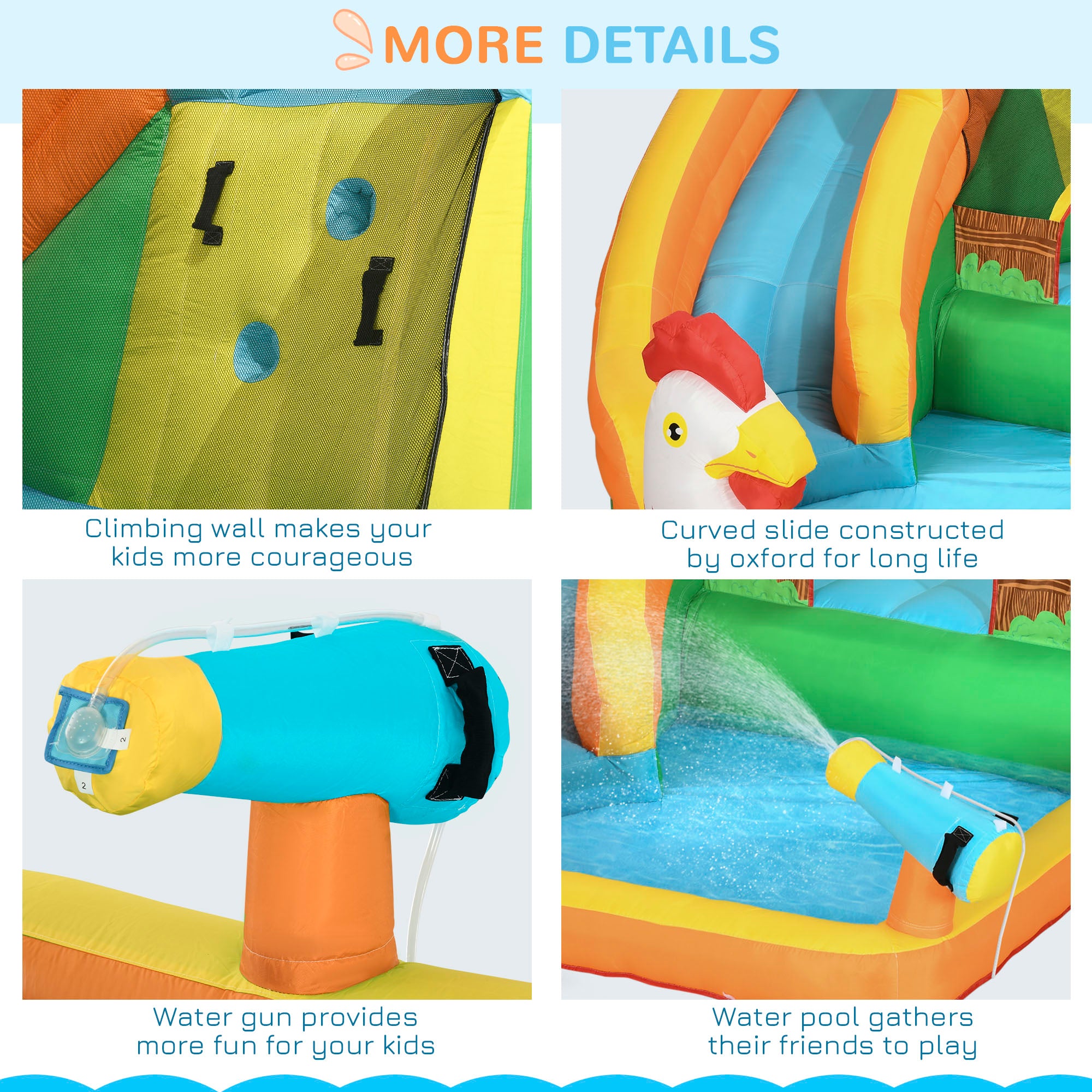 Outsunny 5 in 1 Kids Bounce Castle Farm Style Inflatable House with Slide Trampoline Pool Water Cannon Climbing Wall Inflator Carry bag for Ages 3-8