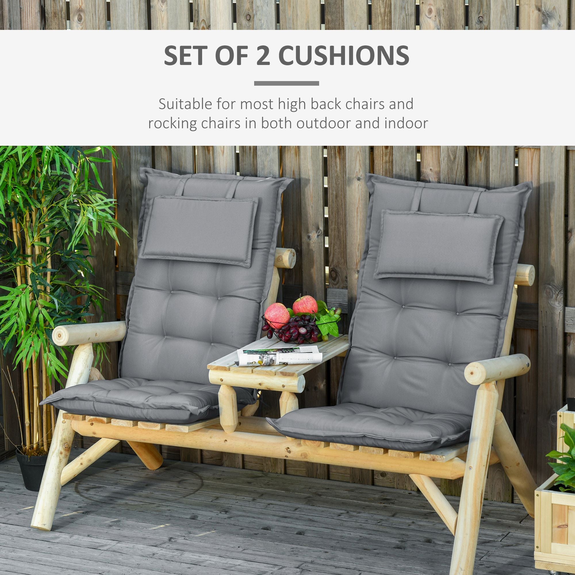 Outsunny Set of 2 Garden Chair Cushion Seat, High Back Dining Chair Padded Patio Chair with Pillow for Indoor and Outdoor Use 120L x 50W x 9D cm - Inspirely