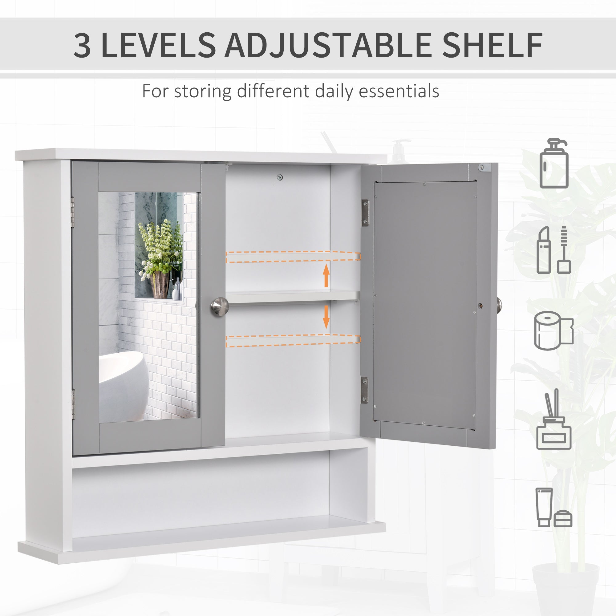 kleankin Mirror Cabinet Wall Mounted with Double Mirrored Doors, Hanging Cabinet with Cupboard and Shelf, Bathroom Wall Storage Organizer, Grey - Inspirely