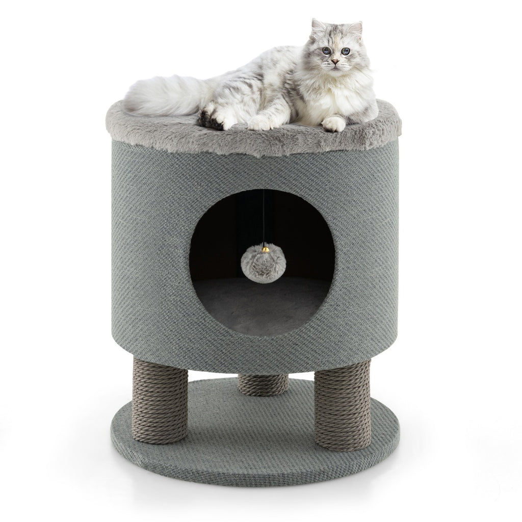 Cat Condo Stool for Indoor Cats with Scratching Posts and Plush Ball Toy-Grey