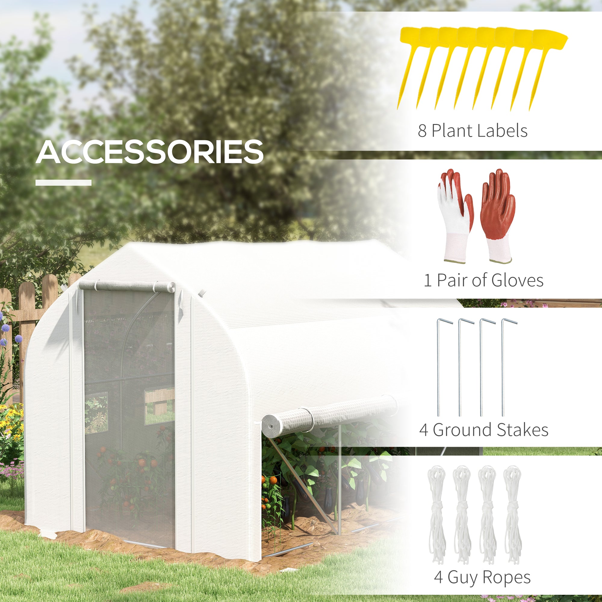 Outsunny 3 x 2m Walk-in Polytunnel Greenhouse, Zipped Roll Up Sidewalls, Mesh Door, 6 Mesh Windows, Tunnel Warm House Tent with PE Cover, Complimentary Plant Labels and Gloves, White