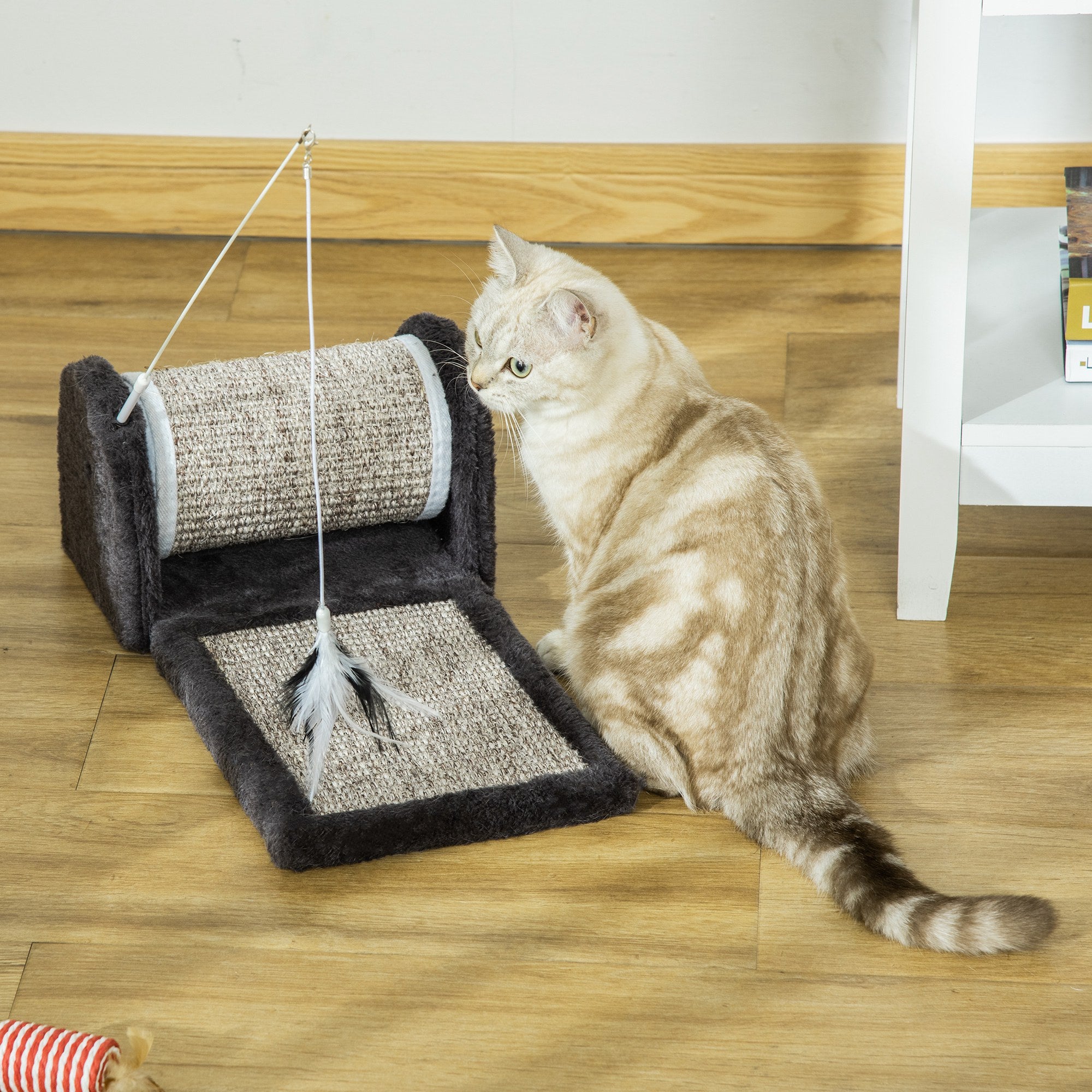 PawHut Cat Scratcher Sisal Scratching Pad Mat Board Kitten Toy with Roller Feather Teaser, 44 x 24 x 16 cm, Grey - Inspirely