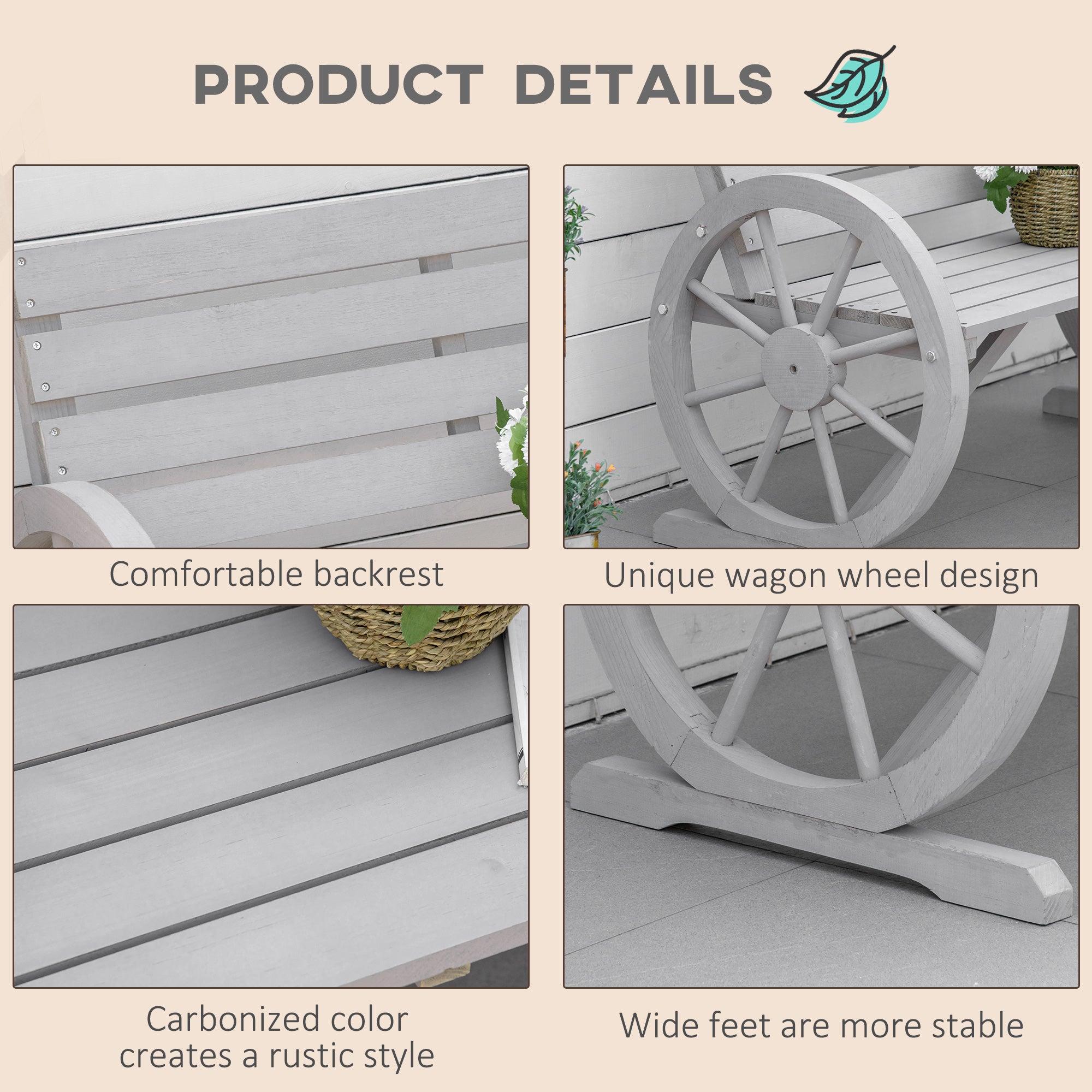 Outsunny 2 Seater Garden Bench Outdoor Garden Armrest Chair with Wooden Cart Wagon Wheel Rustic High Back Grey - Inspirely
