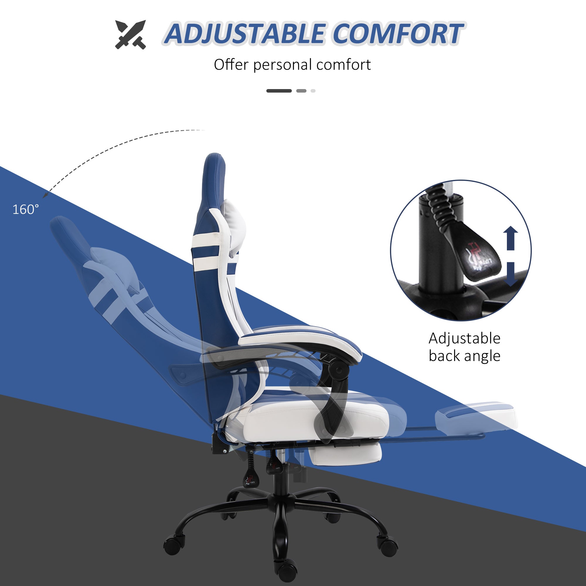 Vinsetto PU Leather Gaming Chair w/ Headrest, Footrest, Wheels, Adjustable Height, Racing Gamer Recliner, Blue White - Inspirely