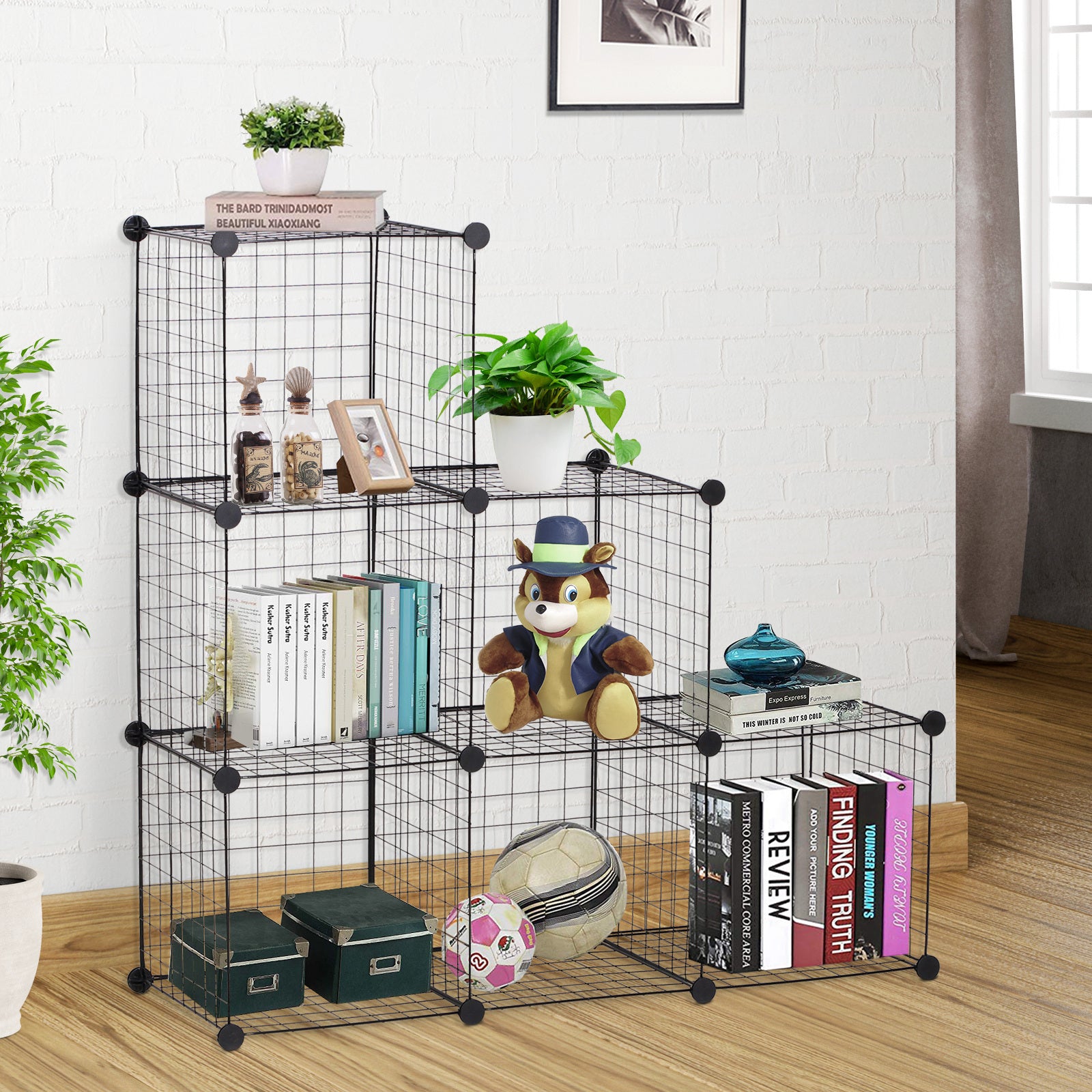 HOMCOM DIY 6 Cube Metal Wire Rack Interlocking Storage Cabinet Living Room Organiser Display Shelves Black - Inspirely