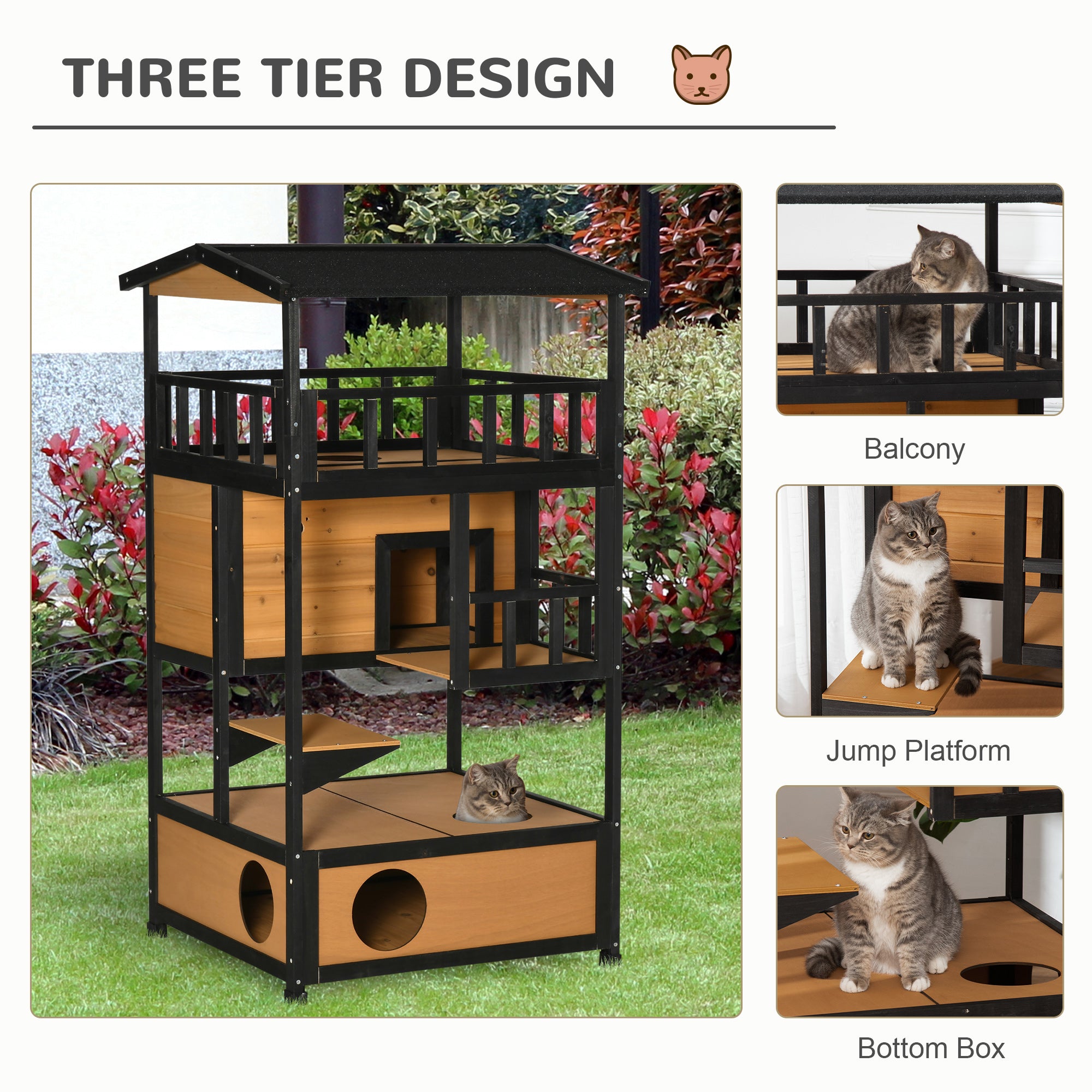 PawHut Wooden Cat House 3-Tier for Winter Kitten Shelter Lodge w/ Tilted Roof Terrace Jump Step Bottom Tray Elevated Base, Yellow
