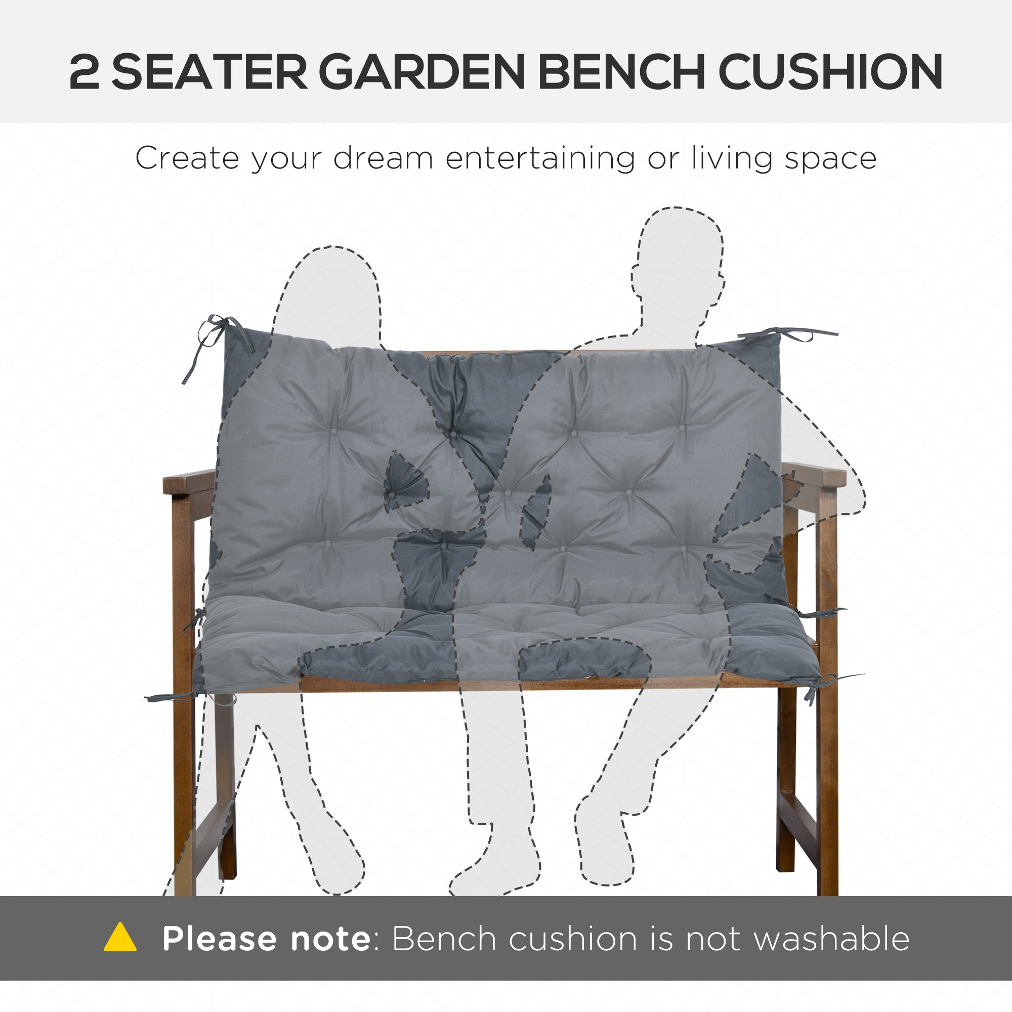 Outsunny 2 Seater Bench Cushion, Garden Chair Cushion with Back and Ties for Indoor and Outdoor Use, 98 x 100 cm, Dark Grey