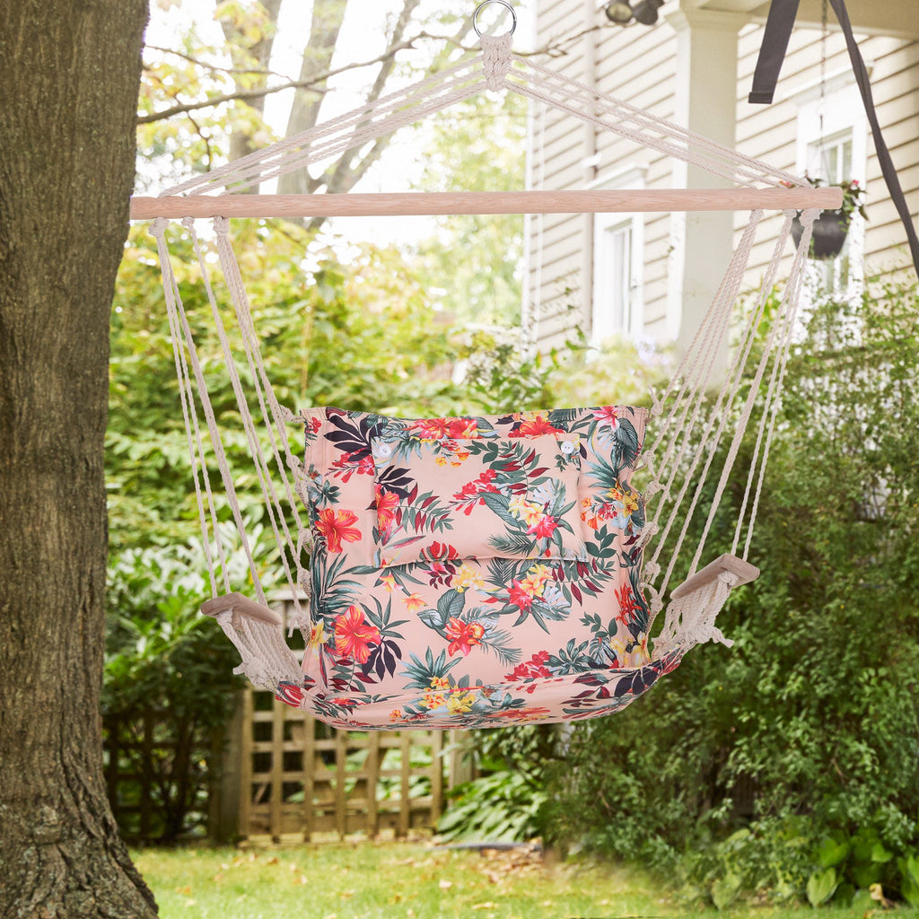 Outsunny Garden Outdoor Hanging Hammock Chair Thick Rope Frame Wooden Arms Safe Wide Seat Garden Outdoor Spot Stylish Multicoloured floral - Inspirely