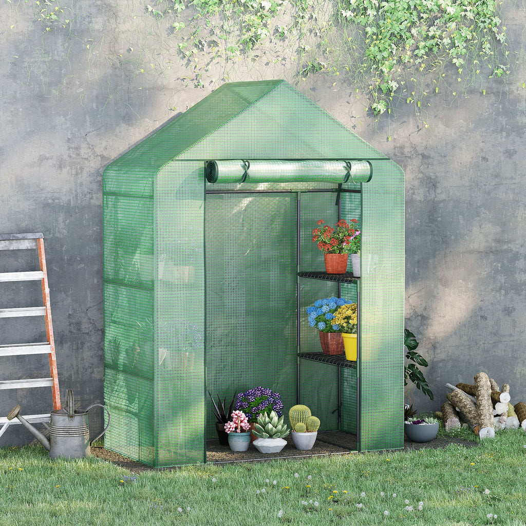 Walk In Greenhouse, 2 Tier Shelf, Roll-Up Door, PE Cover, Green