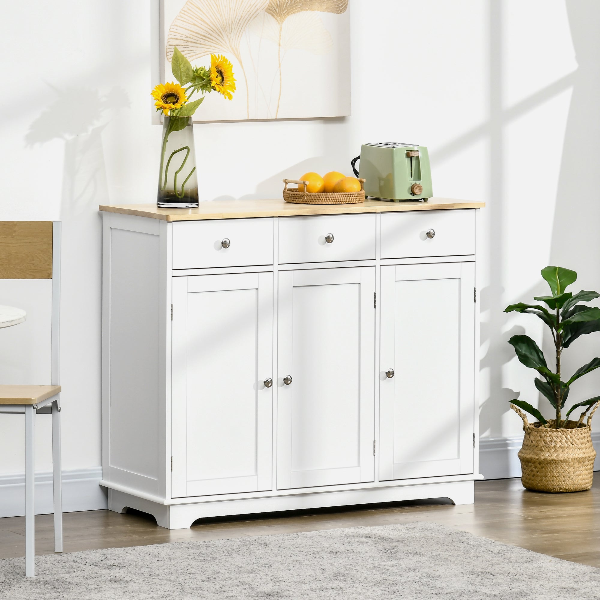 HOMCOM Modern Sideboard with Rubberwood Top, Buffet Cabinet with Storage Cabinets, Drawers and Adjustable Shelves for Living Room, Kitchen, White