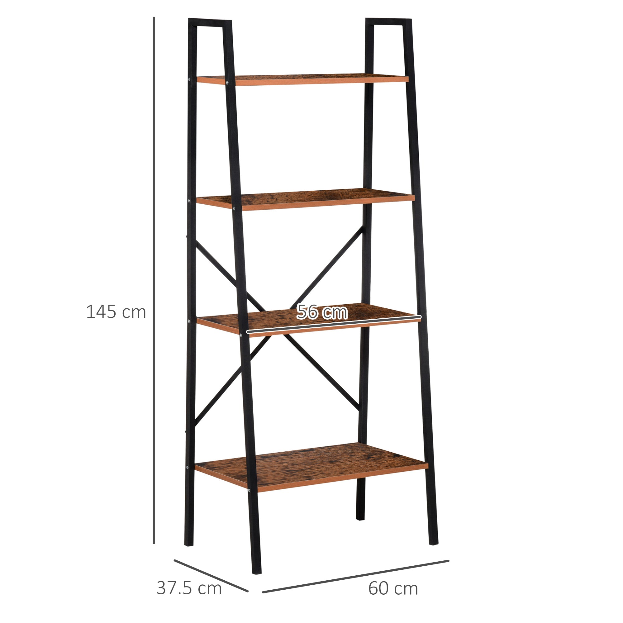 HOMCOM 4-Tier Vintage Ladder Shelf Bookcase Wood Storage Rack Stand Plants Display Black brown - Inspirely