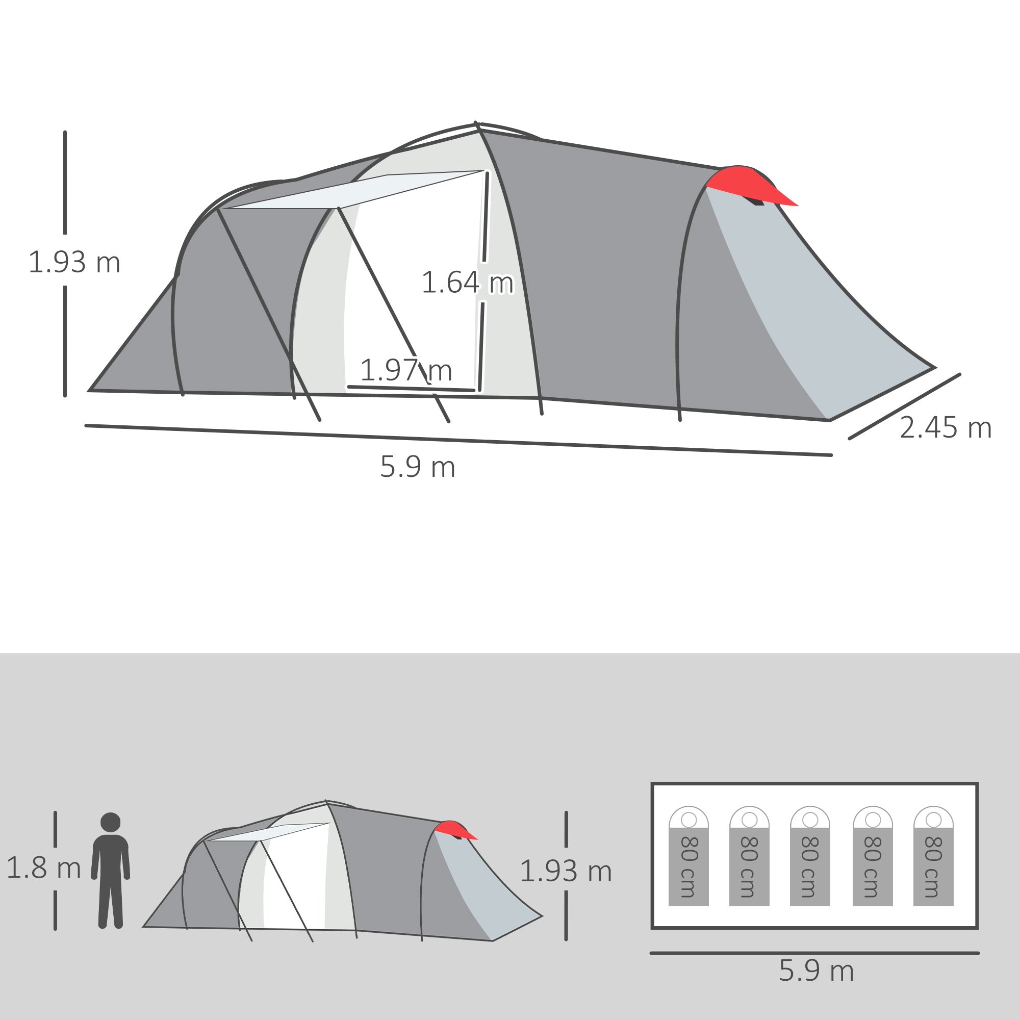 Outsunny 4-6 Man Tunnel Tent with 2 Bedroom, Living Area and Vestibule, Large Camping Tent, 2000mm Waterproof, UV50+, Portable with Bag, for Fishing